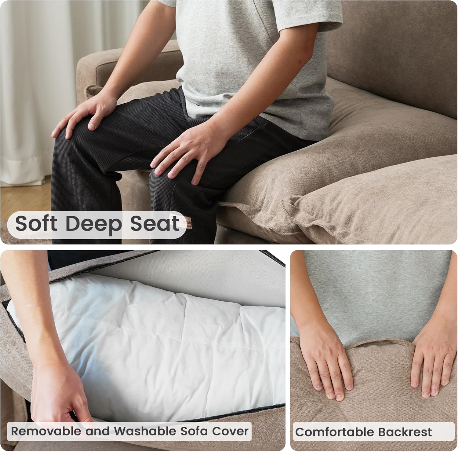 83 Inch Modular Sectional Couches with Power Recliner, Loveseat Soft Sofa for Living Room, Cloud Couch Sectional with Deep Seat, Heated Seat Cushion, Covers Removeable, Linen Fabric, Khaki