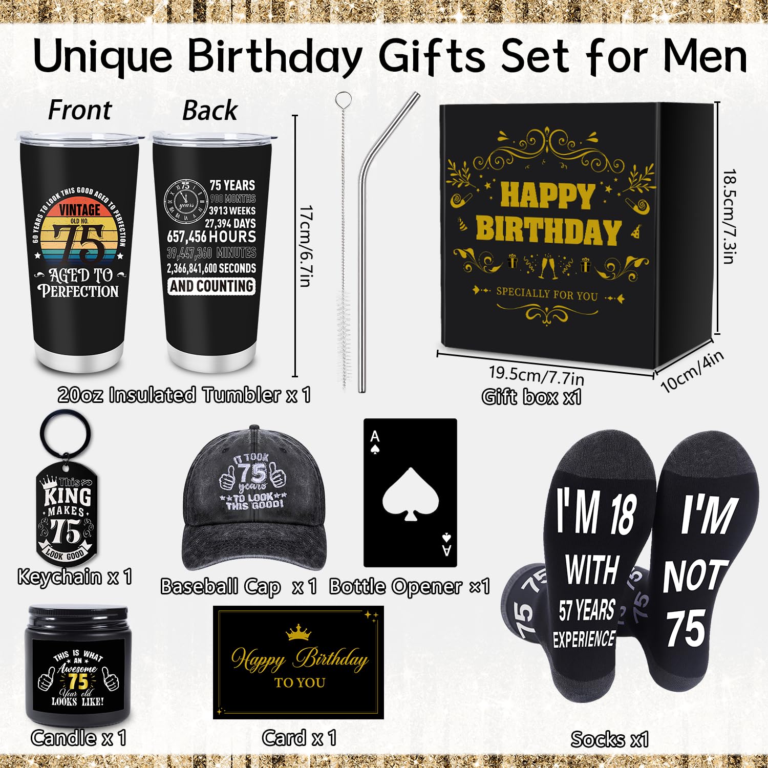 Regalo per il 75° compleanno da uomo, 7 pezzi, 75 anni, idea regalo per compleanno, tazza da viaggio da 590 ml, calzini divertenti, berretto da baseball, portachiavi, apribottiglie, candele, 75