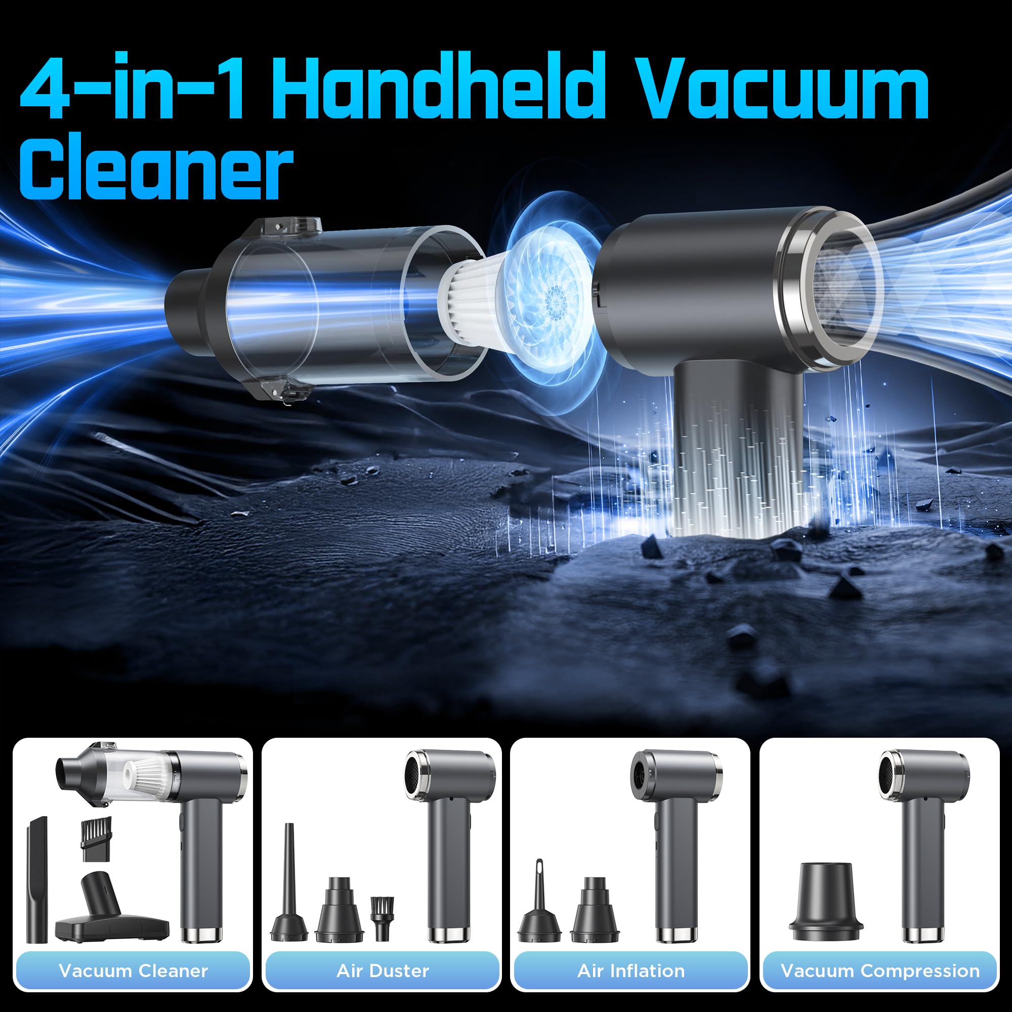 Aspirateur Voiture Puissant 4-en-1, 25000Pa Aspirateur à Main Sans Fil avec Moteur Brushless, 2 Vitesses, 6000mAh, 150000 RPM Souffleur Air Comprimé Pour Bureau, Voiture, Maison, Cuisine, Poils