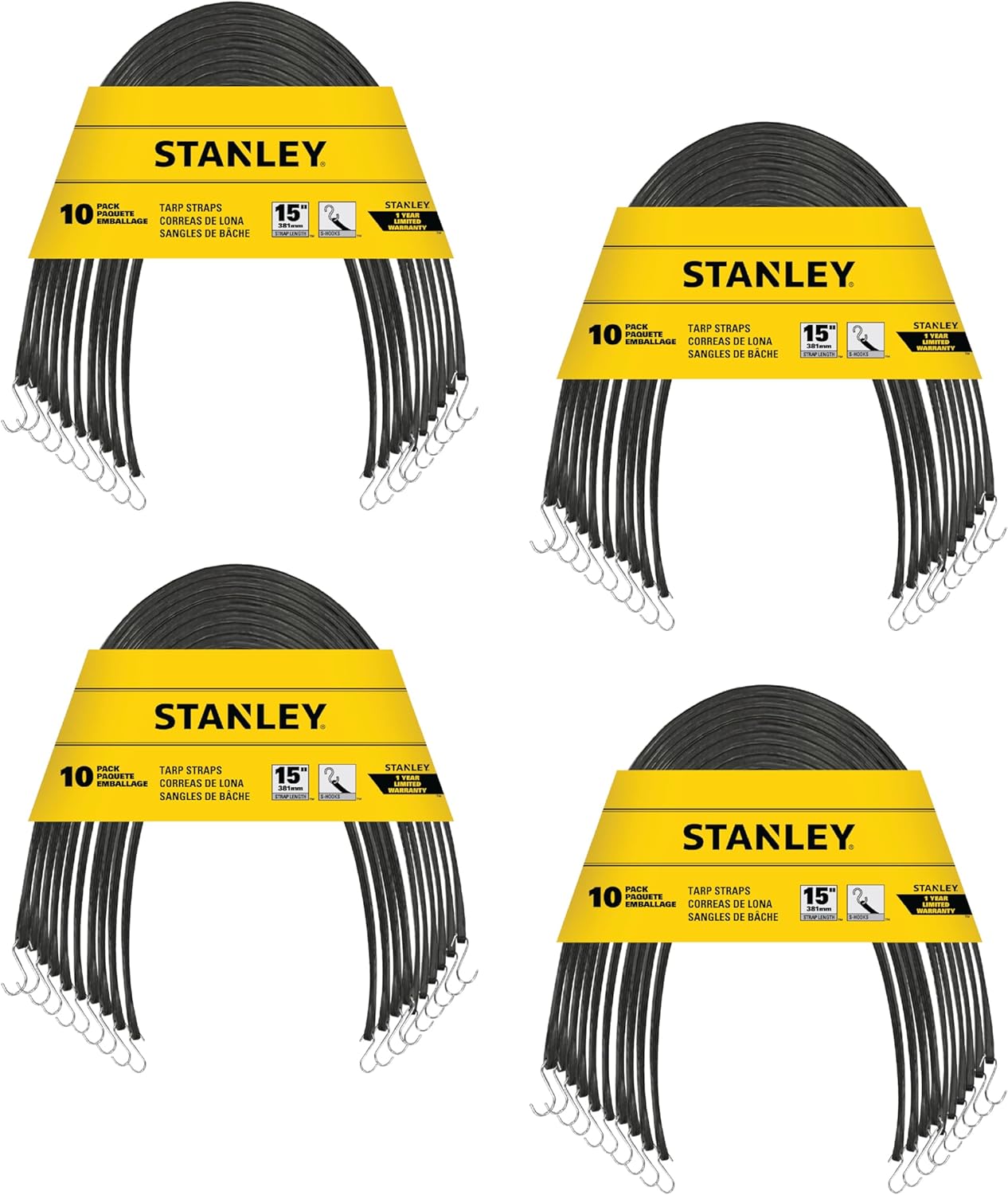 STANLEY S300415-40 Black 15" All-Weather Rubber Bungee Cords with S-Hooks for Securing Tarps, Flatbed Hauler and Boat Covers, Storage, and Cargo, 40 Pack