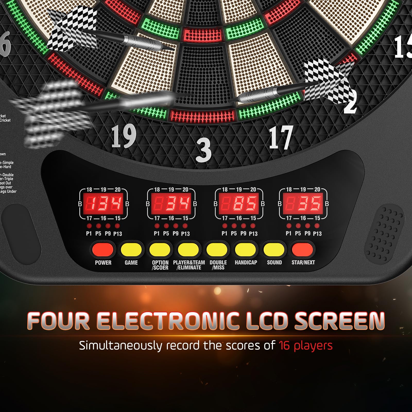Bersaglio Elettronico Professionale con 6 Freccette con 4 Schermo LCD, Bersaglio Freccette Elettronico offre 27 Giochi e 243 Modi, Rendendolo per Amici, Famiglia, Ufficio e Feste al Pub.