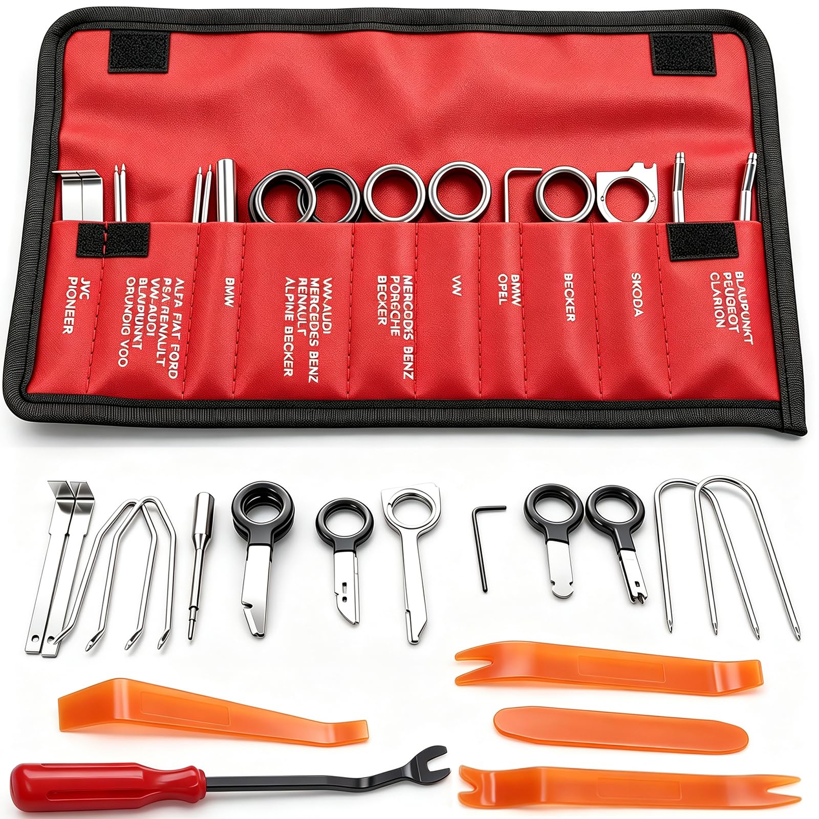 20pcs Radio Removal Tool Kit with 4 Pcs Panel Removal Tools and A Chort Clip Release Tool,Universal Stereo CD Player Removal Key Kit for Most Car and Truck O-051