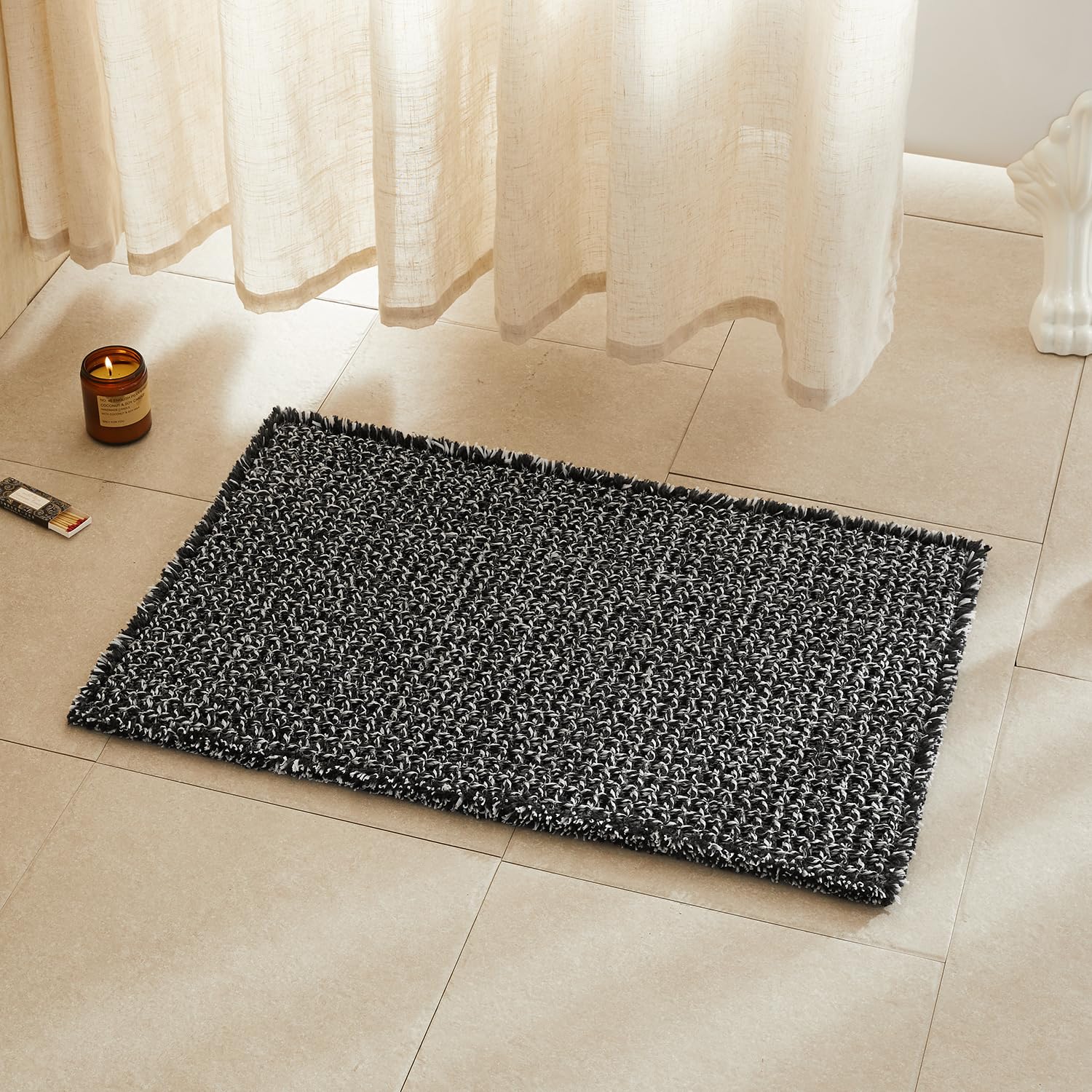 TYUU Waffle Bath Mat, Boho Bathroom Rugs Non Slip, 30x20 Black &amp; White