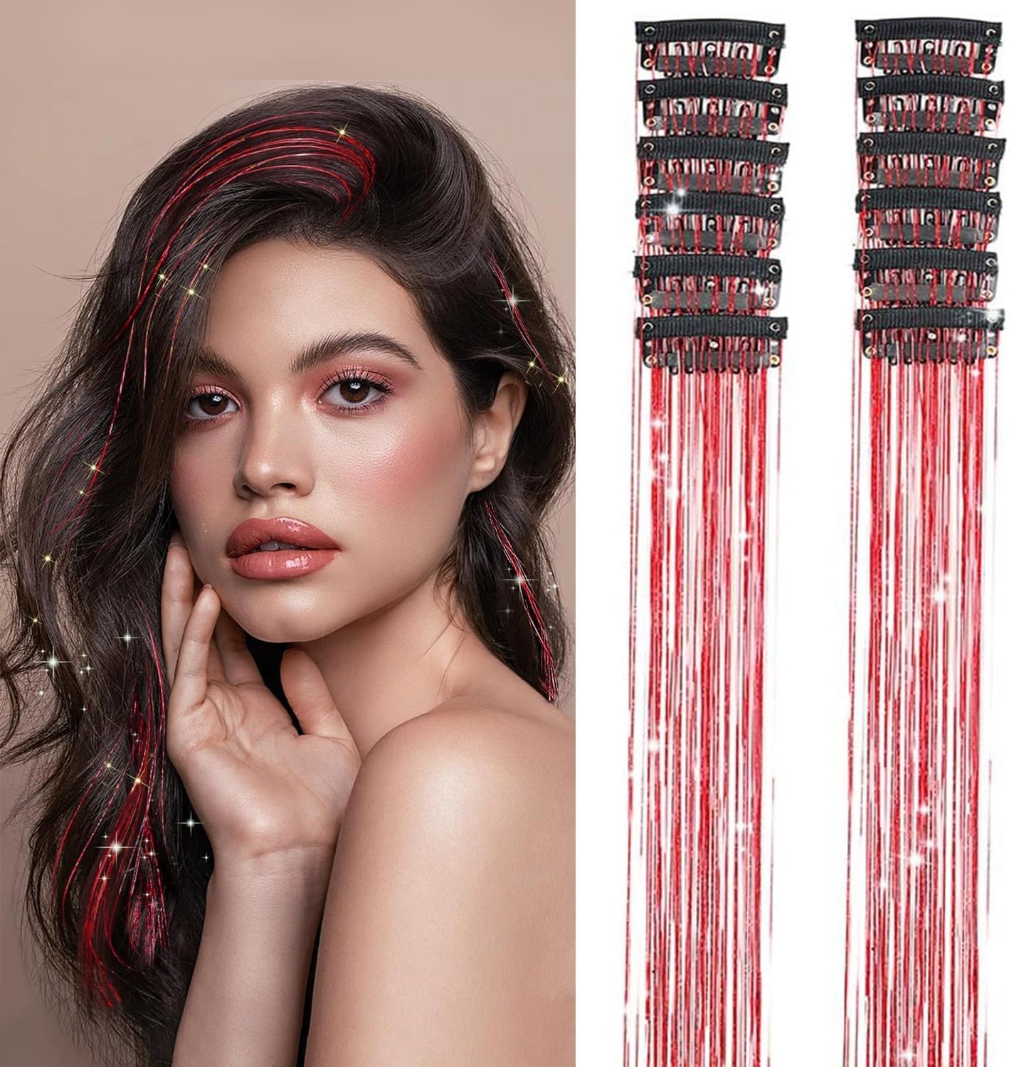 PORSMEER 12Pcs Clip in Hair Tinsel Kit,Colorful Red Glitter Heat Resistant Hair Tinsel Extensions Fairy Hair with Clips