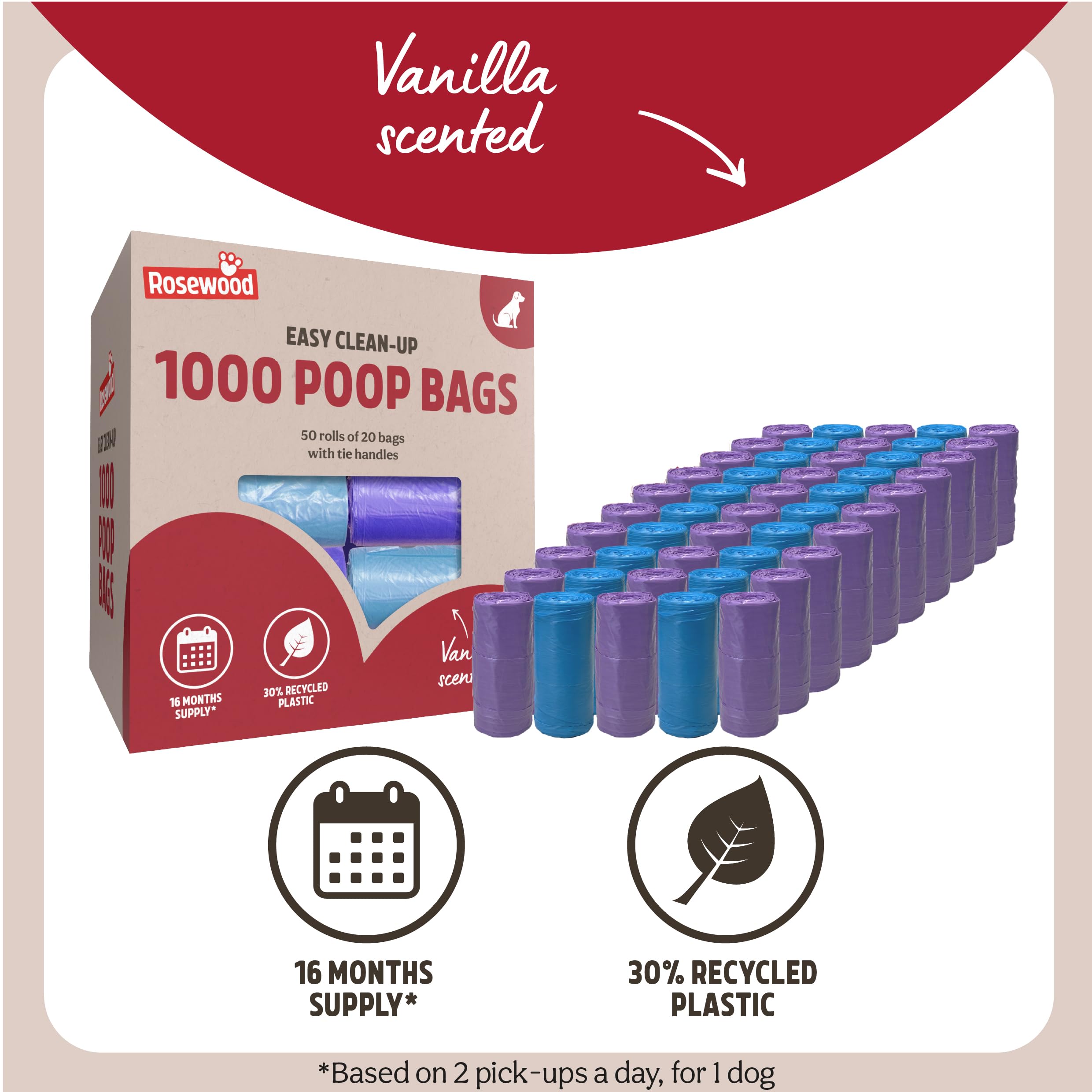 Rosewood Dog Poo Bags with Handles, 1000 Easy Clean-Up Poop Bags, 50 Refill Rolls of Dog Waste Bags with Tie Handles - Image 3