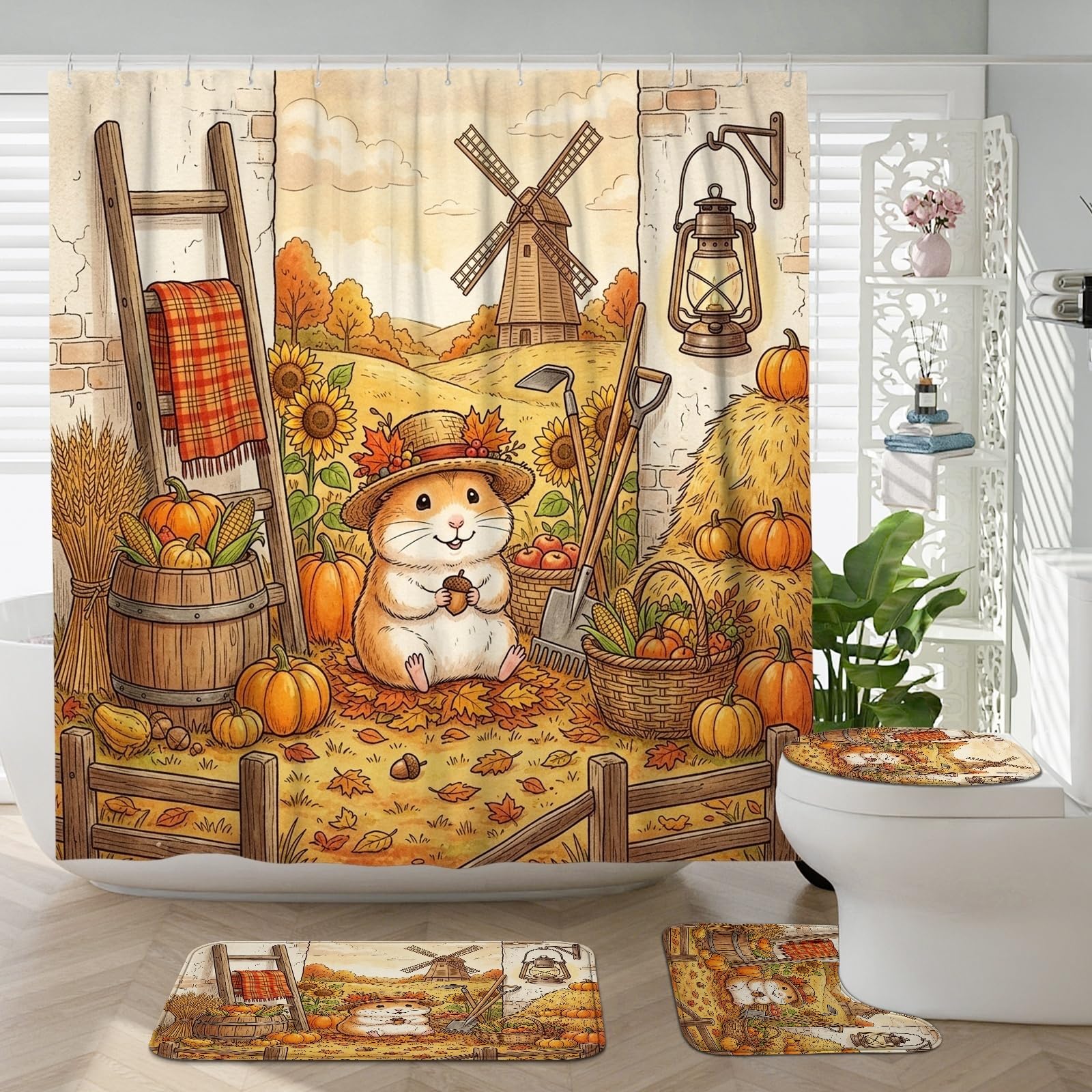 Rideaux de douche hamster d'automne ensemble tapis de bain WC