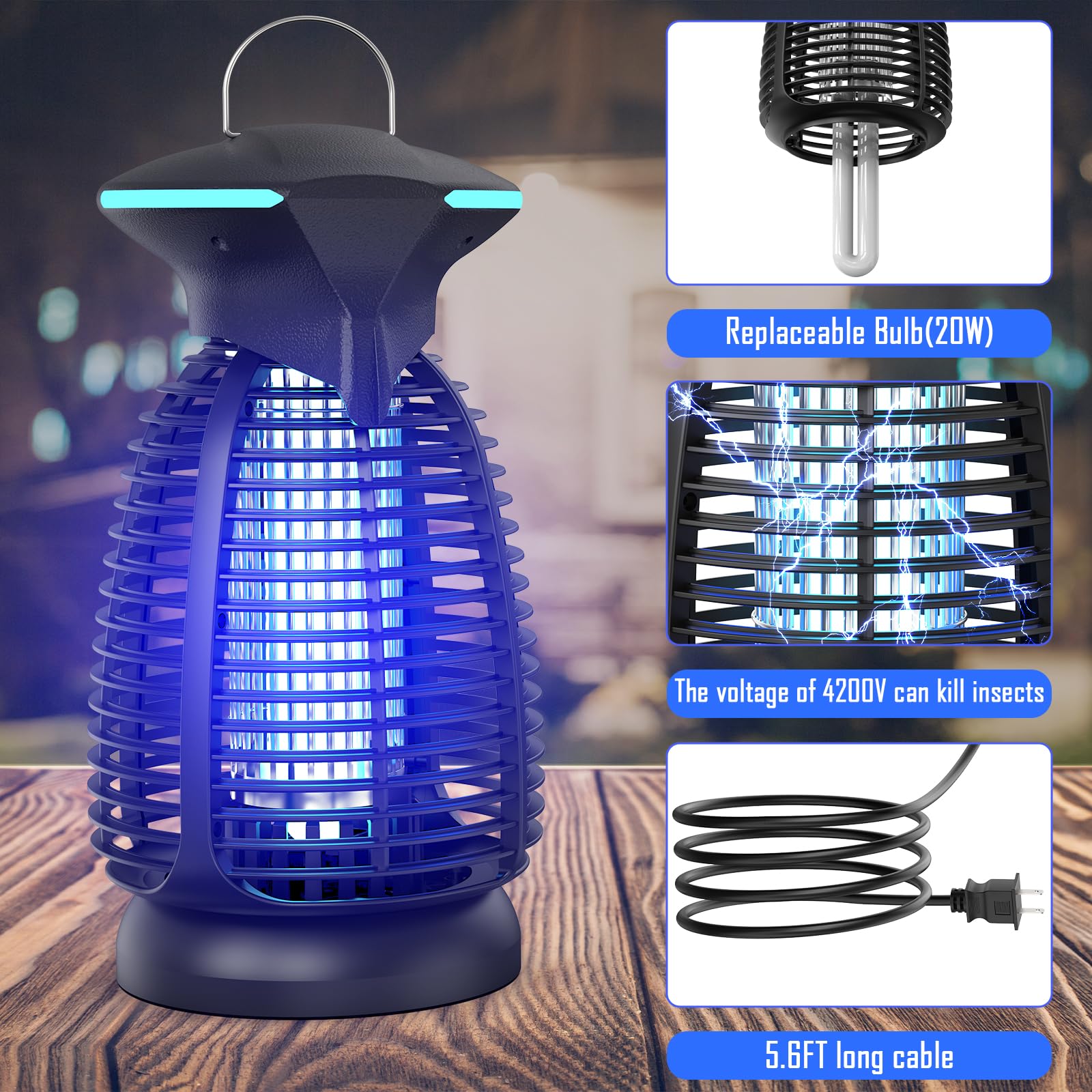 Matainsectos eléctrico al aire libre – 4200 V de alta tensión, luz LED impermeable para mosquitos, moscas, patio, porche, garaje, patio trasero, casa