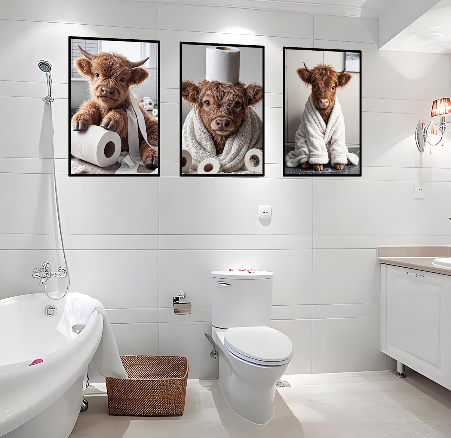 3 Pcs Highland Cow Bathroom Wall Art Decor, Funny Cow Canvas Painting Posters Prints, Cute Highland Cow Pictures for Bathroom 12x18 In（Stretched Canvas on A Wooden Frame）