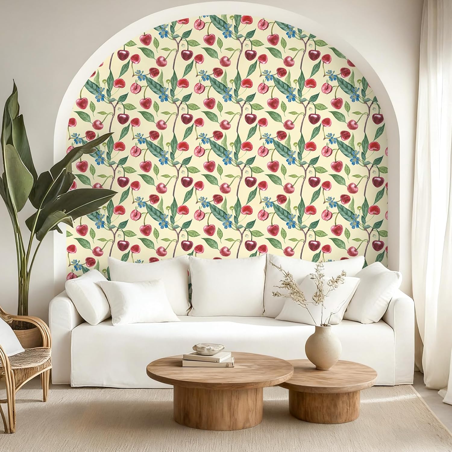 VEELIKE Cream Cherry Branches Wallpaper Peel and Stick Vintage Fruit Floral Wallpaper for Nursery Kitchen Bedroom 17.7''x354'' Self Adhesive Fruit Contact Paper for Cabinets Drawers Walls Removable