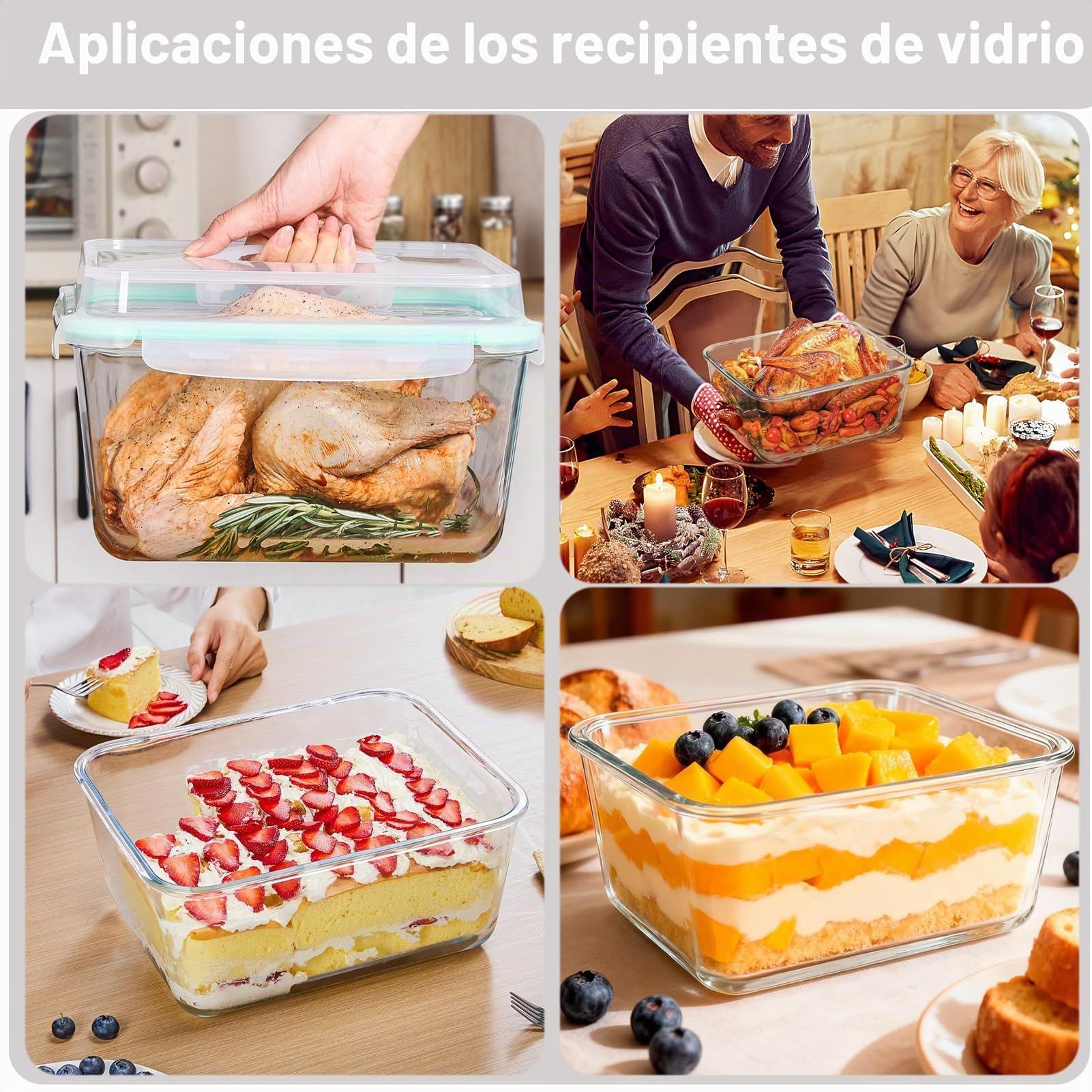 6,5 L Grandes Recipientes de Cristal con Tapa, Herméticos, Aptos para Congelador, Recipientes de Cristal para Alimentos, Grande para Pollo, Pavo, Melón o Platos de Fiesta
