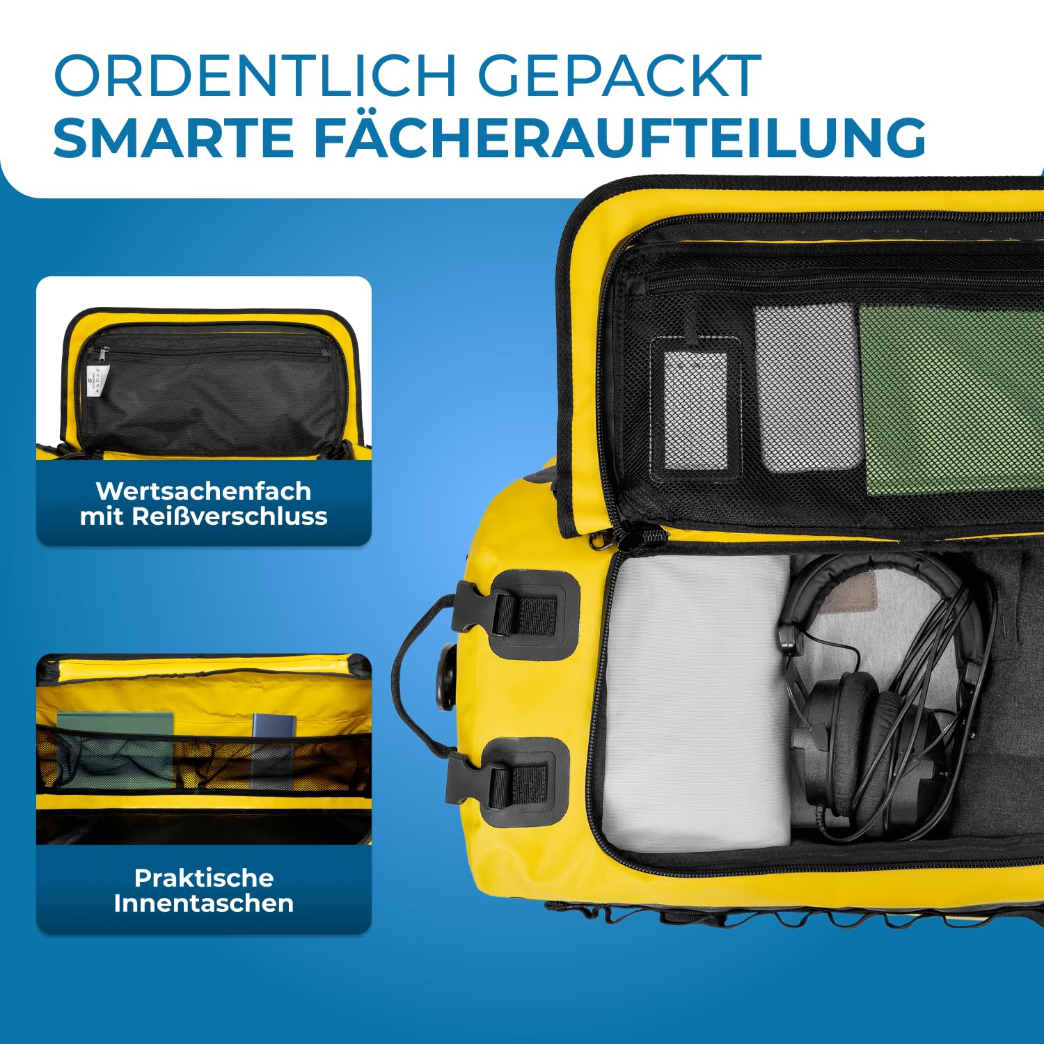 STYNGARD Reisetasche wasserdicht mit Rucksackfunktion [60l] - Sporttasche mit Rucksackfunktion wasserdichtes Material - 3in1 Duffle Bag 60l als Segeltasche und Seesack - Modell Hamburg (Gelb, 60L)