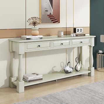 P PURLOVE Console Table with Drawers and Shelf Long Sofa Table Entryway Table for Entryway Living Room Hallway Antique White