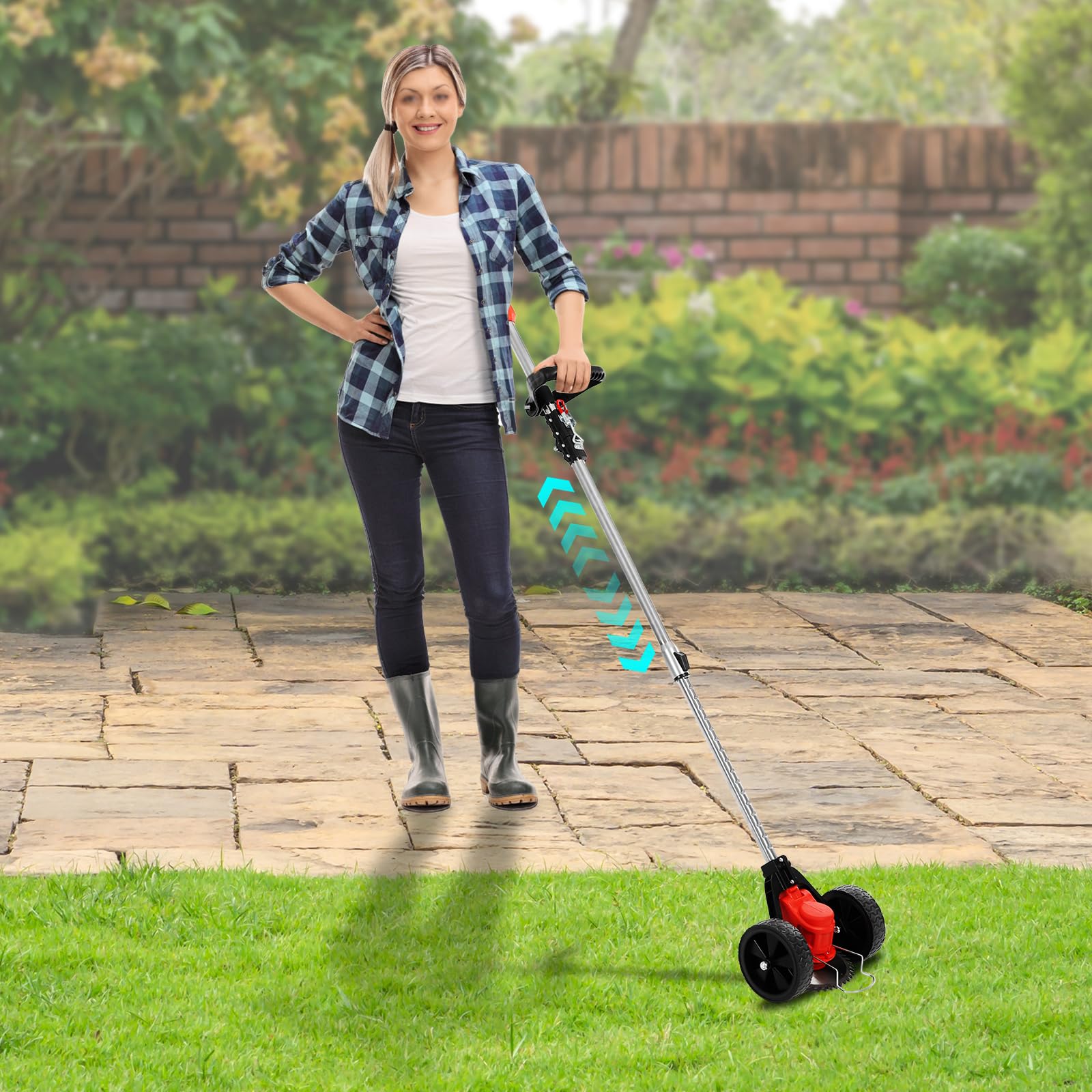 Cortacésped con batería 3 en 1, 800 W, con varilla telescópica ajustable (120 – 151 cm), cargador y batería de respaldo de 1000 mA, cabezal de corte de 0 – 90°, dispositivo de eliminación de malas