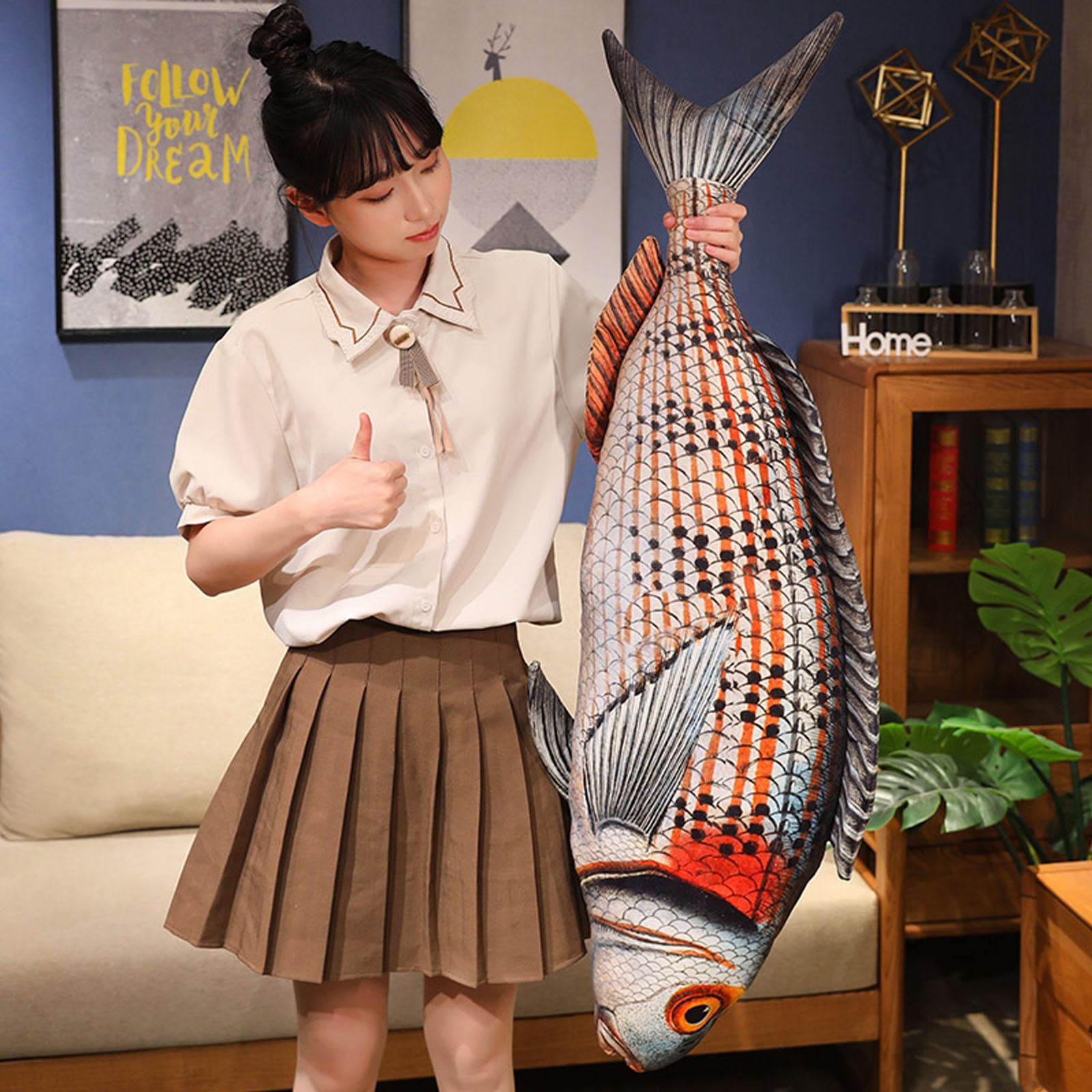 Simulations Fisch Plüschtier, 3D Fisch Kissen Großes Plüschkissen für Kinder, Weiches Fischdekorationskissen, Kindergeschenk, Geschenk für Zuhause (D,110cm)