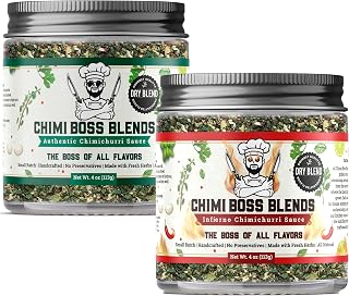 Chimi Boss Chimichurri Sauce 2-Pack – Original 9oz & Infierno Spicy 9oz – Authentic Argentinian Green Herb Sauces with Parsley, Garlic & Chili – Marinades & Toppings