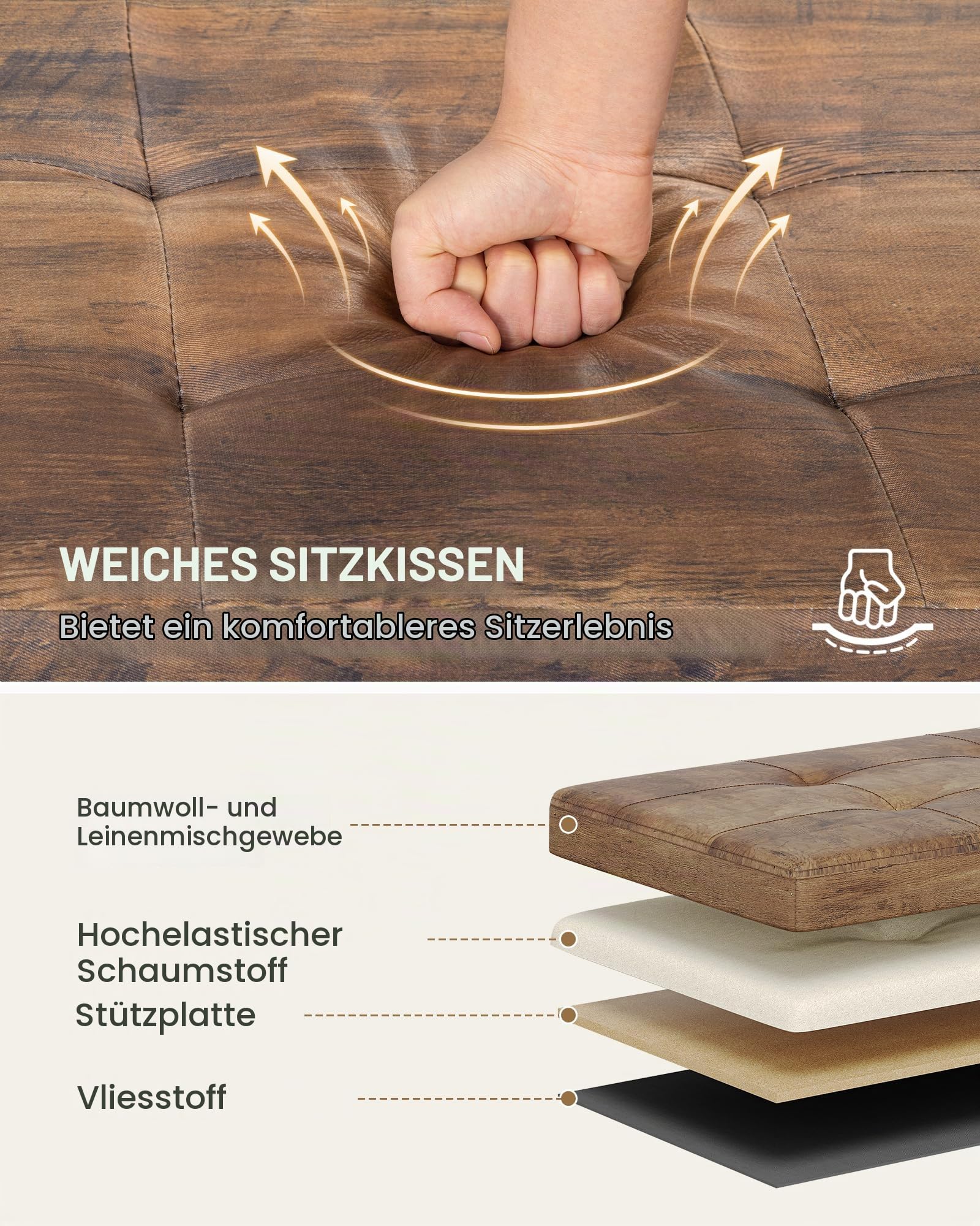 Hzuaneri Truhenbank mit Stauraum, Faltbar, Weiß Braun, 40x140x44cm | Aufbewahrungsschrank, Leinenbezug, Tragkraft 150 kg, Für Wohnzimmer, Schlafzimmer, Flur, SB31499YW