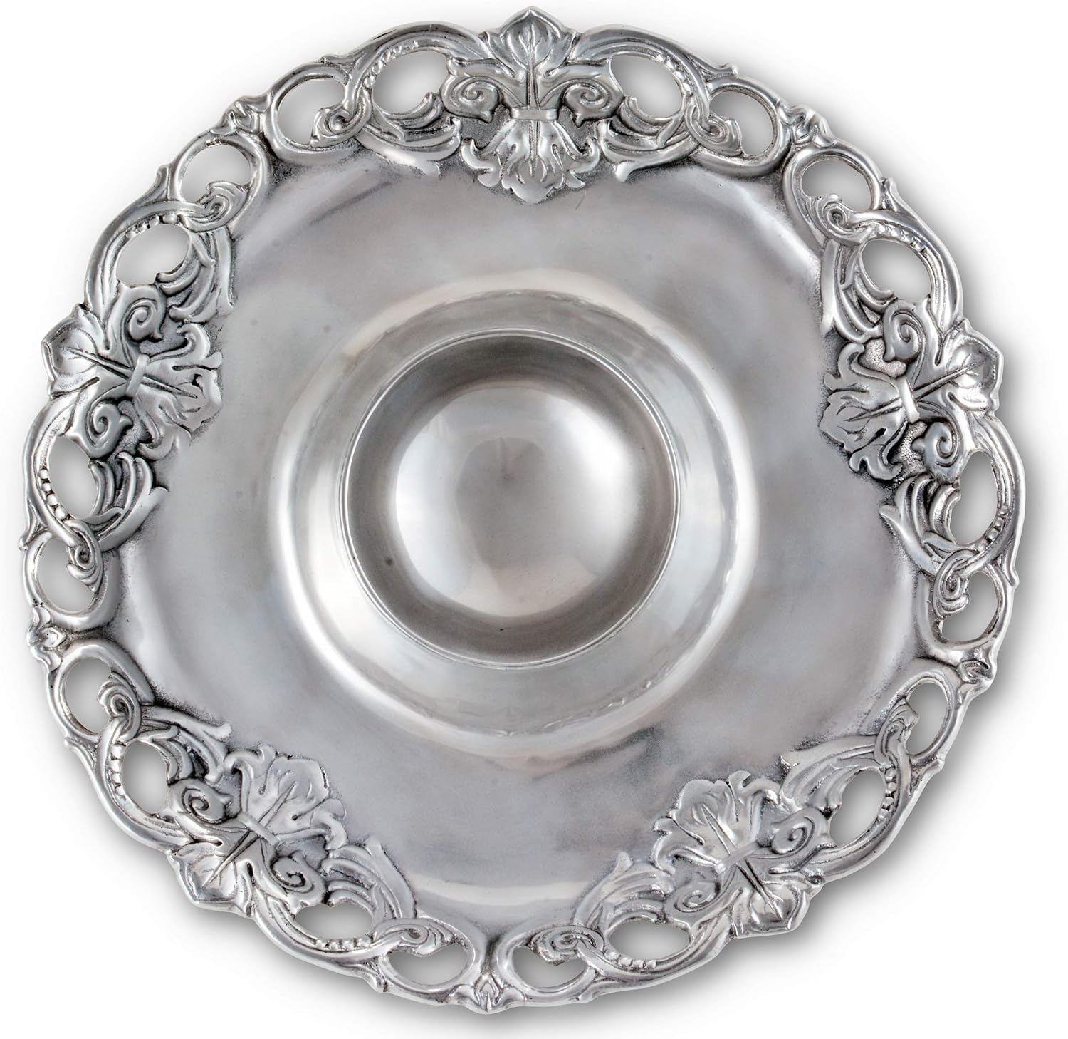 Arthur Court Metal Fleur De Lis Tray Platter Sand Casted in Aluminum with Artisan Quality Hand Polished Designer Tarnish-Free Vineyard Décor Perfect for Chip and Dip 15 inch Diameter