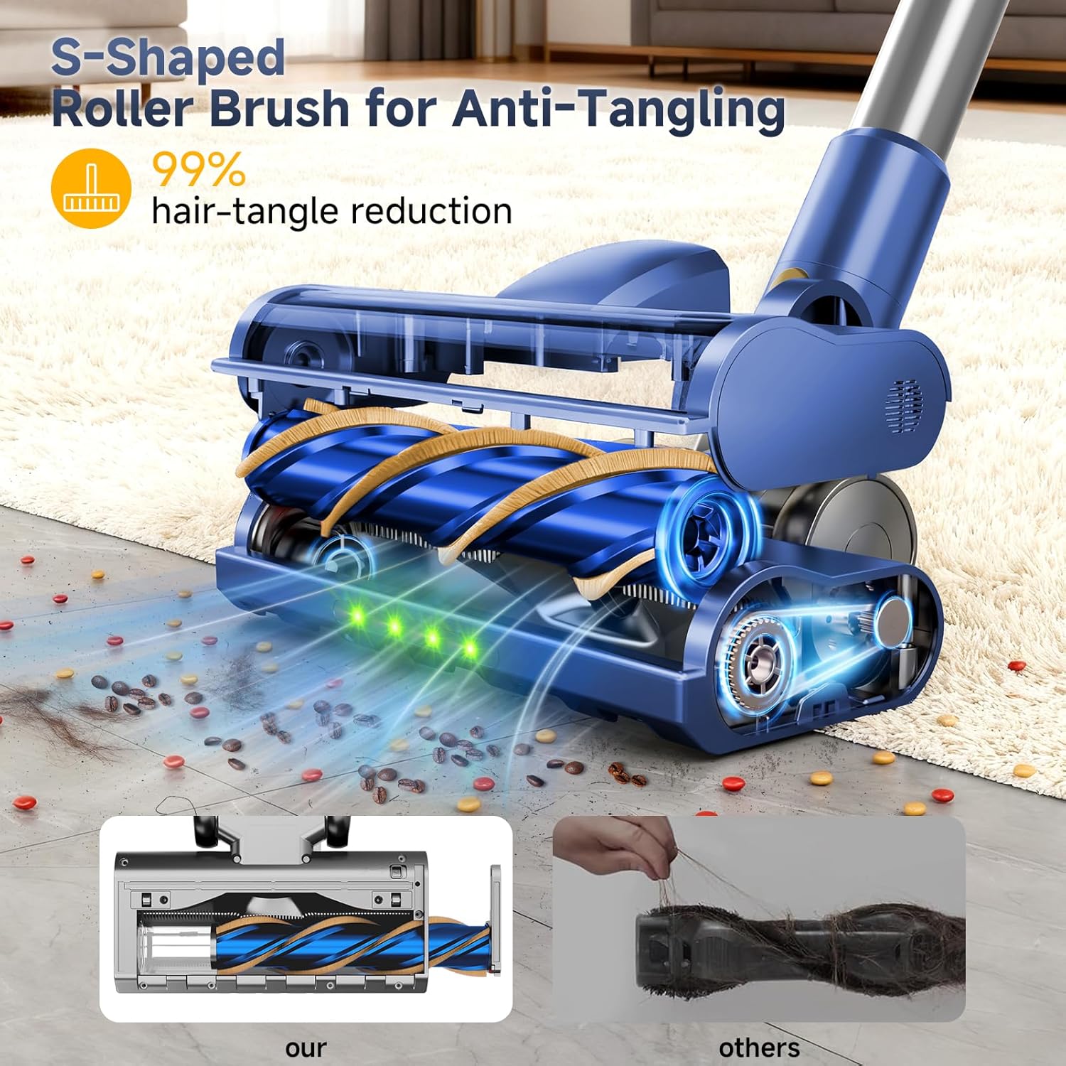 Cordless Stick Vacuum Cleaner - 45KPA Powerful Suction Vacuum with 45 Min Runtime, Detachable Battery, Anti-Tangle & 1.5L Dust Cup, 8 in 1 Vacuum Cleaner for Pet Hair, Carpet, HardFloor, Blue