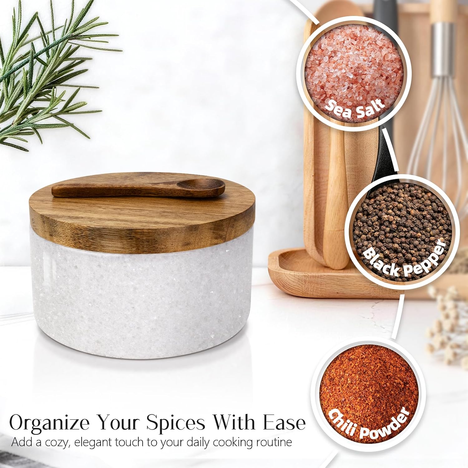 Marble Salt Cellar with Lid & Spoon, Salt Container, Salt Holder