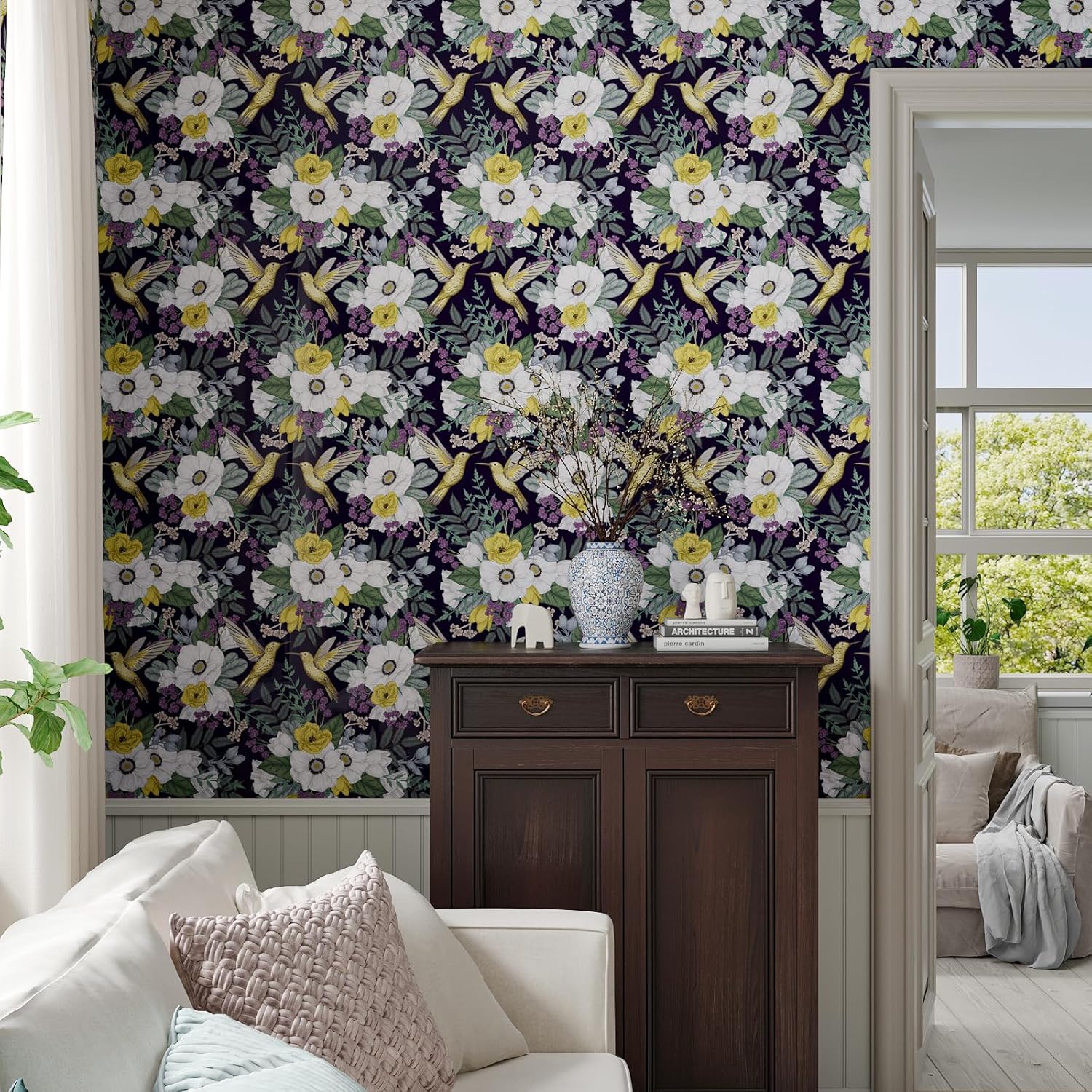 CHIHUT Vintage Hummingbird Floral Wallpaper Peel and Stick Dark Purple Gold Birds Wallpaper 17.7”x100” Removable Self Adhesive Decorative Contact Paper for Bedroom Walls Cabinets Shelves Drawers