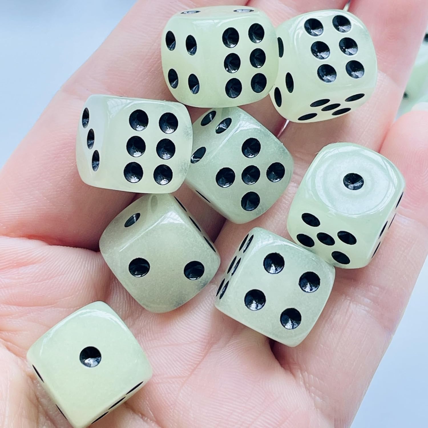 12-Piece Glow-in-The-Dark Dice Set - 16mm Black Pip Dice
