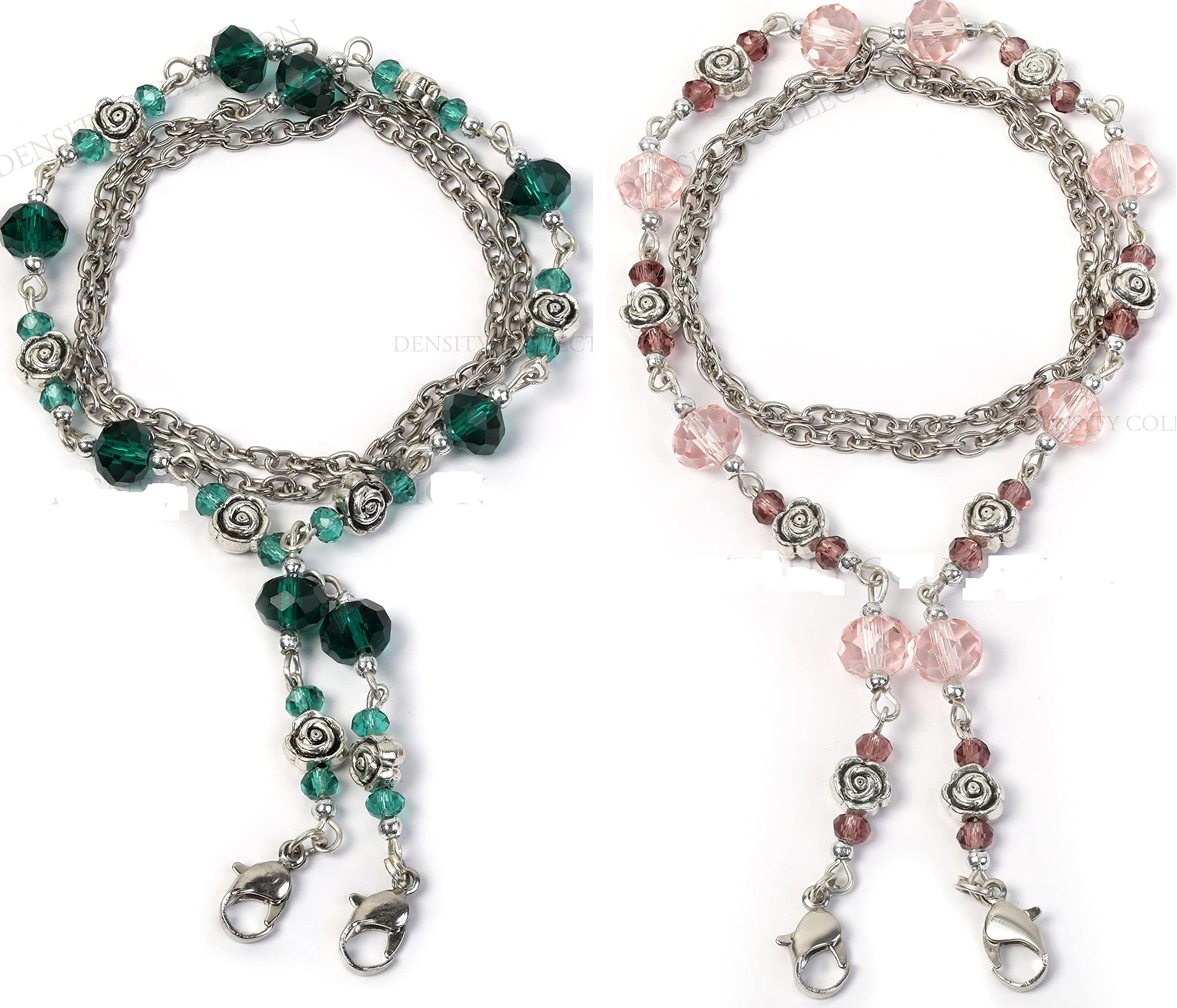 DENSITY COLLECTIONFace Mask Chain Holder Around Neck || Brass Material Silver Chain With Rose And Crystle Moti Lanyards Chain || Length - 26" Inch || For Men & Women (Pink + Green Moti Set Of 2)