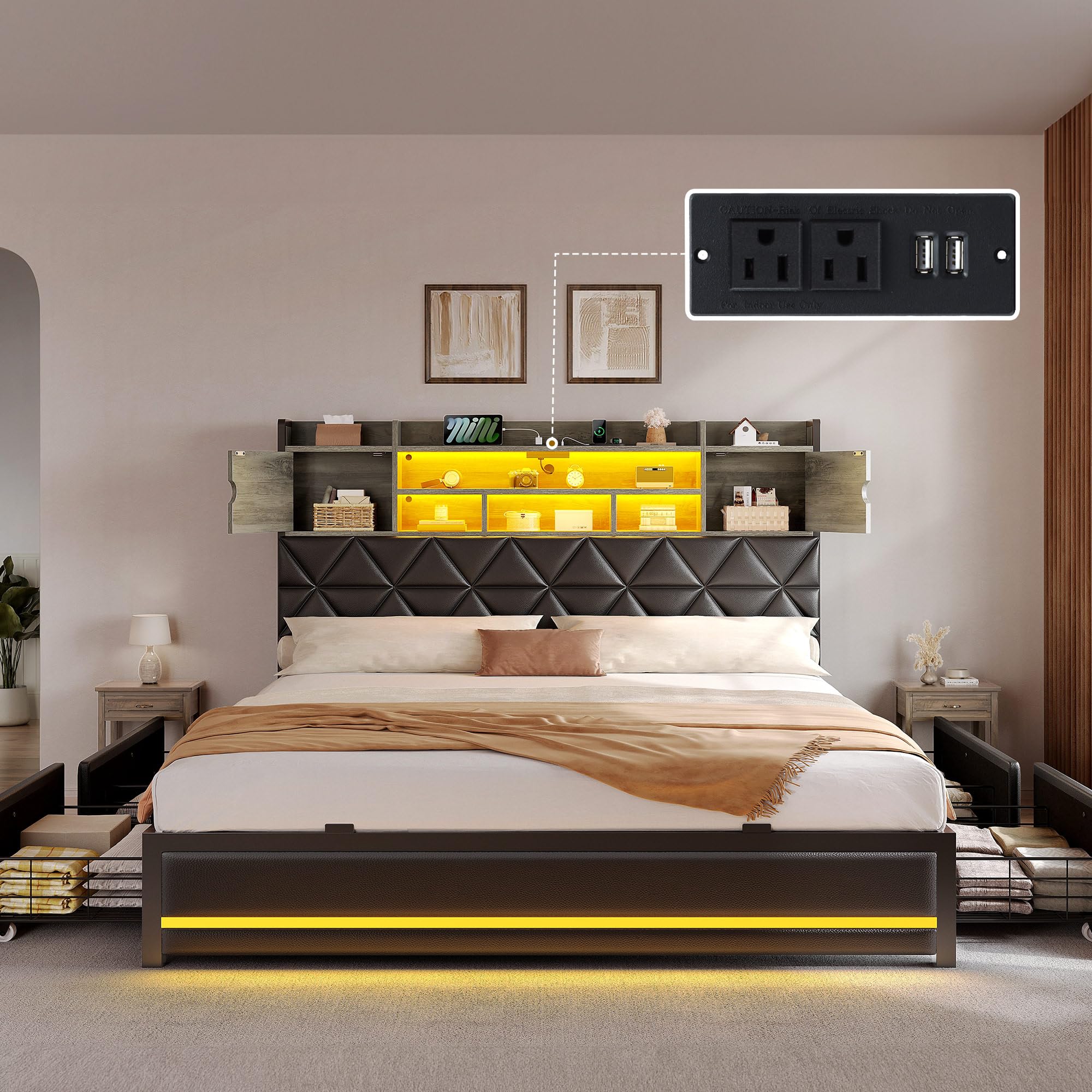 DWVO King Size Bed Frame with RGB LED Lights Storage Bookcase Headboard Upholstered Bed with Charging Station and