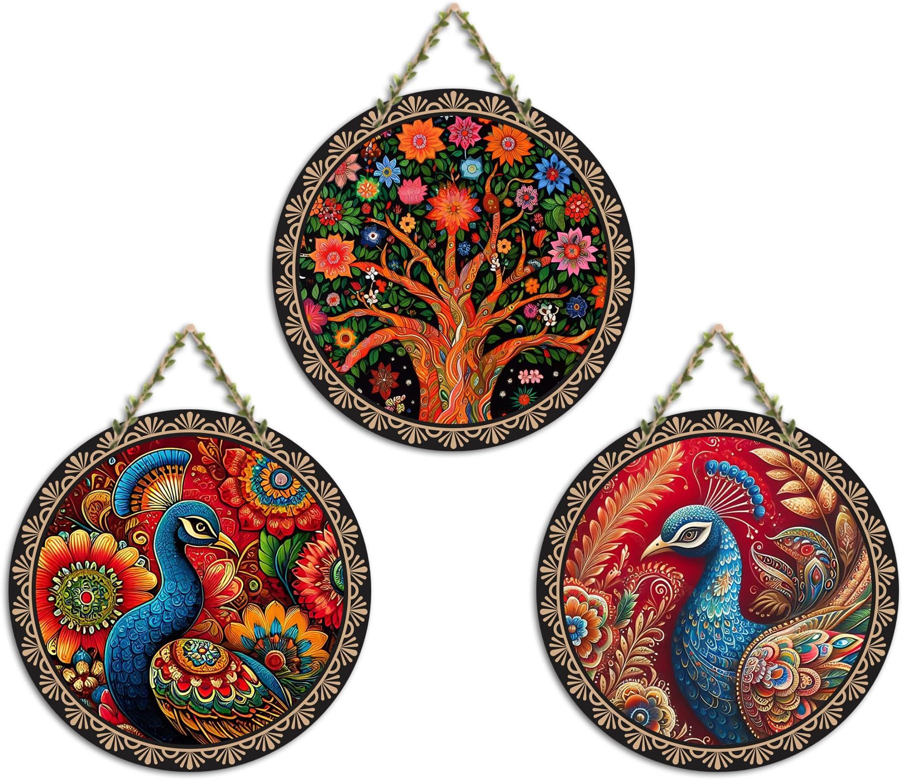 Artvibes Peacock Art Round Shape MDF Wooden Wall Decor Items Home Accent Scenery for Drawing Room Print Door Hanging Unique Gift (wh9904n), Set of 3