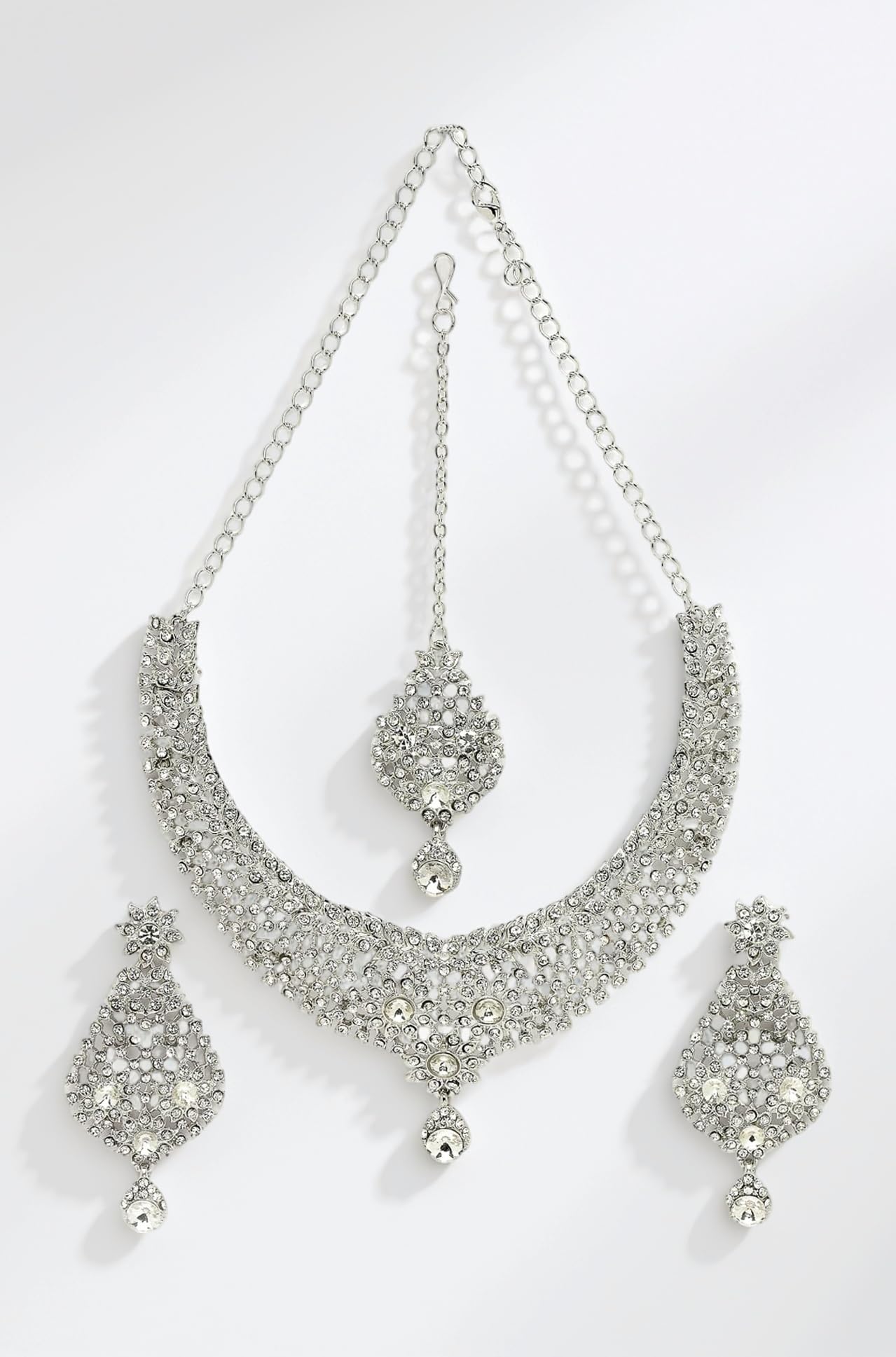 Geometric Rhodium Plated Silver AD White Stone Collar Bone Necklace Set With Earring And Maangtika | Jewellery Set For Women (NS105668)