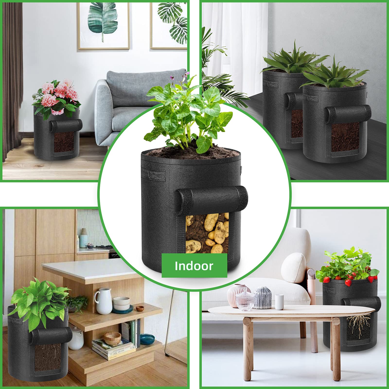 Kartoffelanbau-Säcke, Kartoffel- und Gemüseanbau- Pflanztaschen mit Griffen, Fensterklappe for den Garten – Schwarz, Grün, 5–10 Gallonen(Black,7 Gallon)