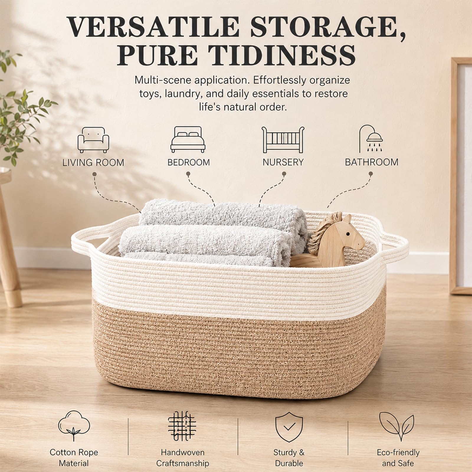 Cesto da 50 L in corda di cotone Umllpet, cesto per la lavanderia intrecciato con manici, pieghevole, per giocattoli e coperte, contenitore per biancheria, coperte, soggiorno, camera da letto, 48 x 34