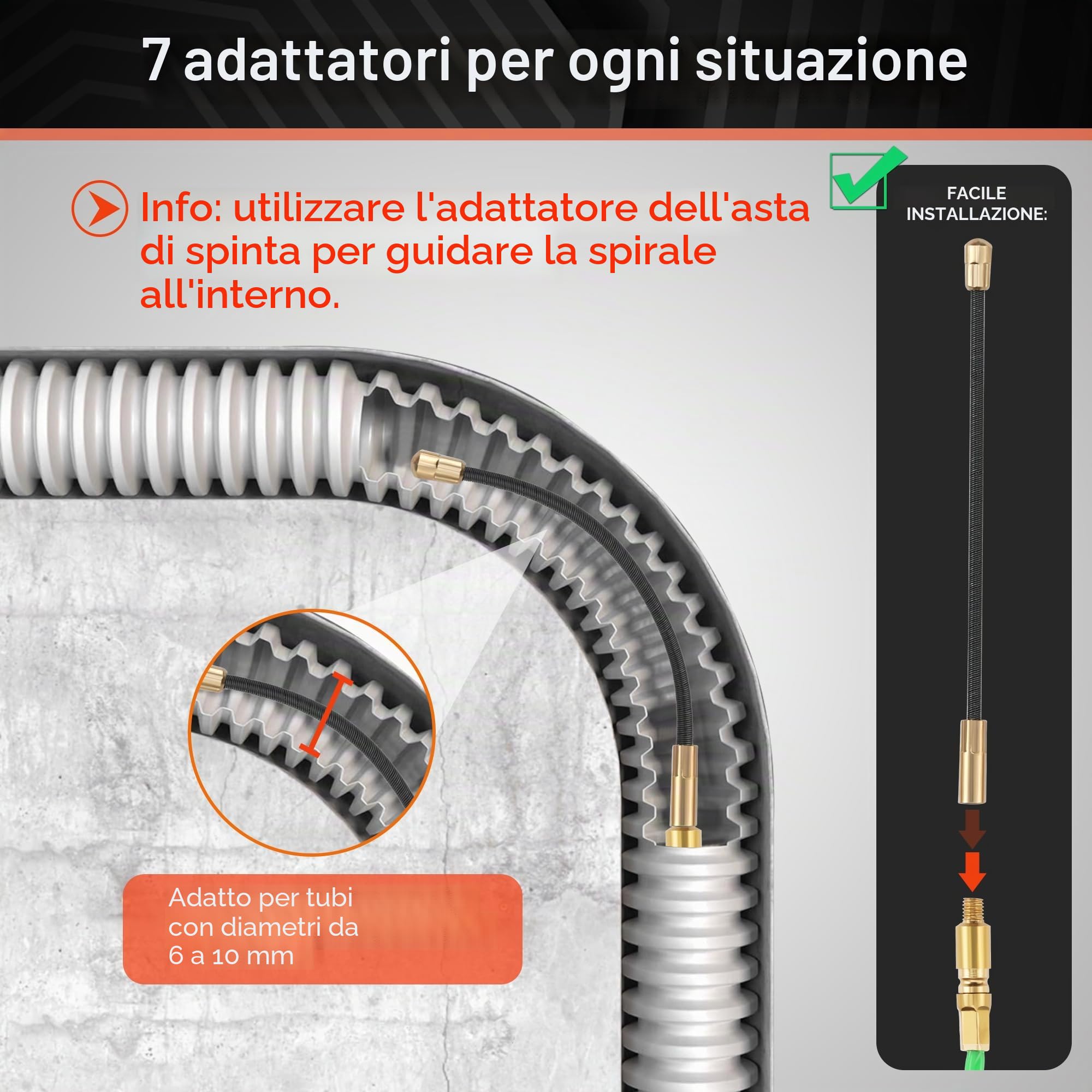 Sonda Passacavi Φ4,5mm 50m, Sonda Elettricista 50m, Cavo di Trazione in Poliestere Aiuto Alla Ritrazione del Nastro di Pesce Per Il Cavo con 7 tipi di accessori, con Alloggiamento in Plastica