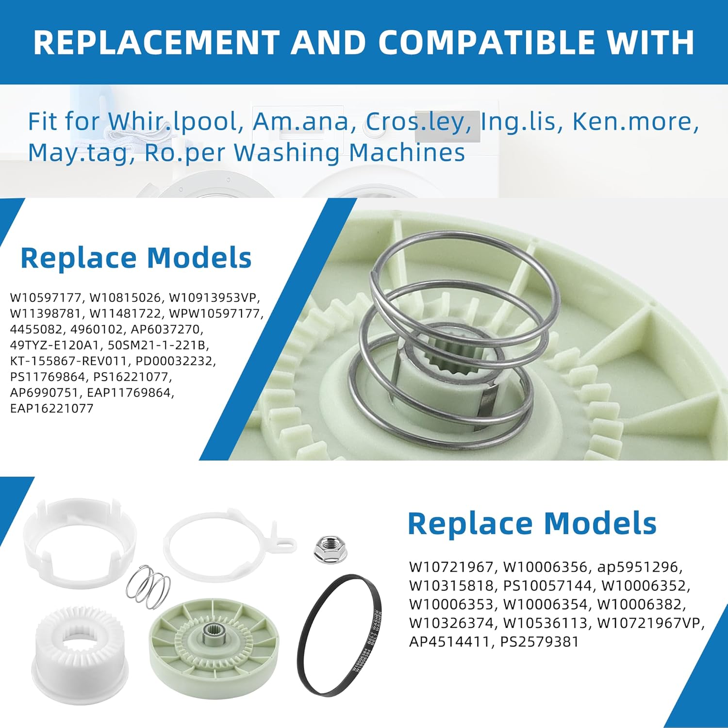 W10913953 49tyz-e120a1 Washer Shift Actuator and W10721967 W10006384 Washer Pulley Clutch Kit and Drive Belt Compatible with Whirl-Pool Ken-More May-tag Washing Machines by Fetechmate