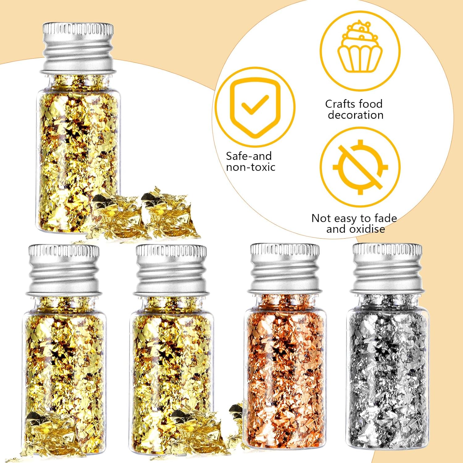 Grevosea 5 Pcs Gold Foil Flakes for Resin, Decorative Gold Leaf with Tweezer Metallic Gold Flakes for Nail Art Crafts Makeup Painting Jewelry Making Cake Decorating (Gold, Silver, Rose Gold)