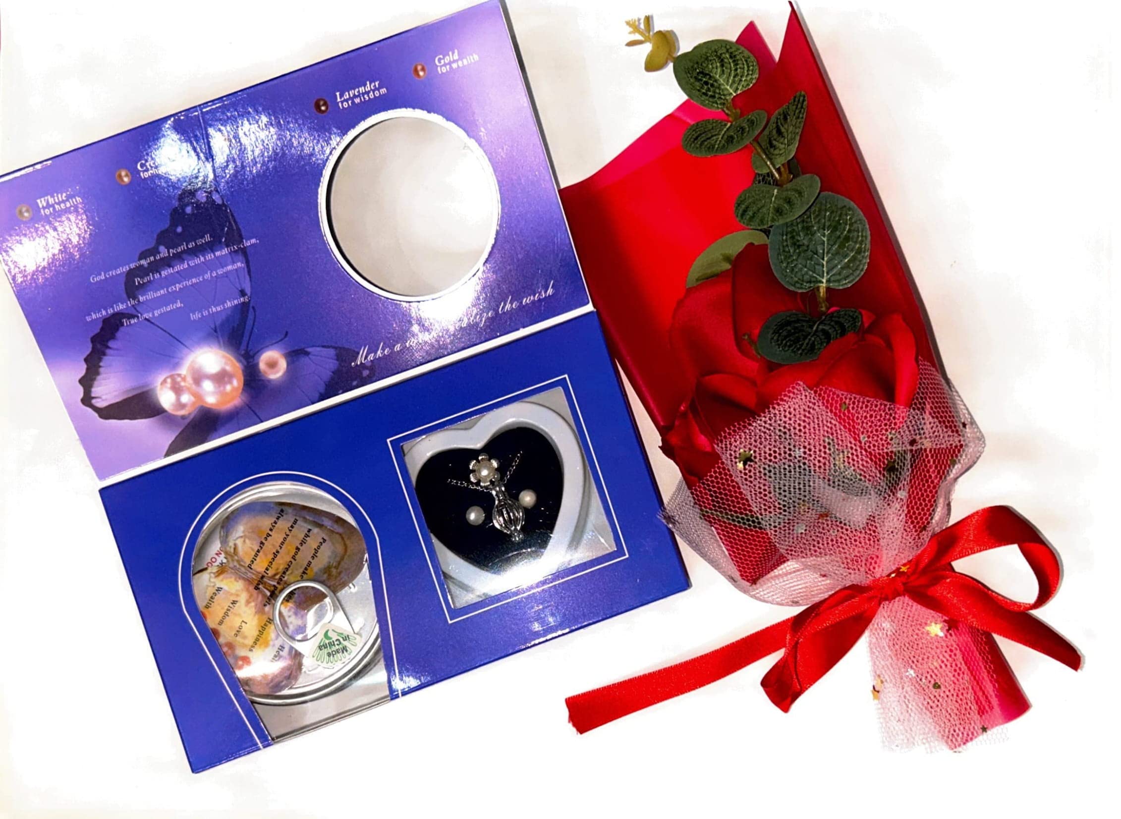 KHUSHA CREATIONS Pearl Jewelry with Artificial Red Scented Rose Bouquet Gift Combo Pack for Propose Girlfriend/Boyfriend/Valentine's Day Birthday Gift/Wife/Husband
