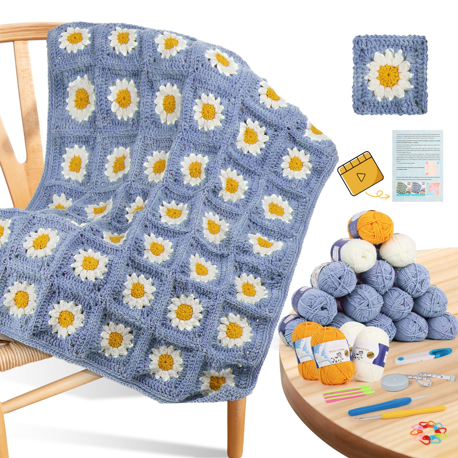 Coopay Häkelset Anfänger für Decke, Granny Squares Häkeldecke Kit mit Anleitung & genug Garn, komplettes Häkel-Starterset – leicht zu erlernen für Erwachsene (Blau-Lila)