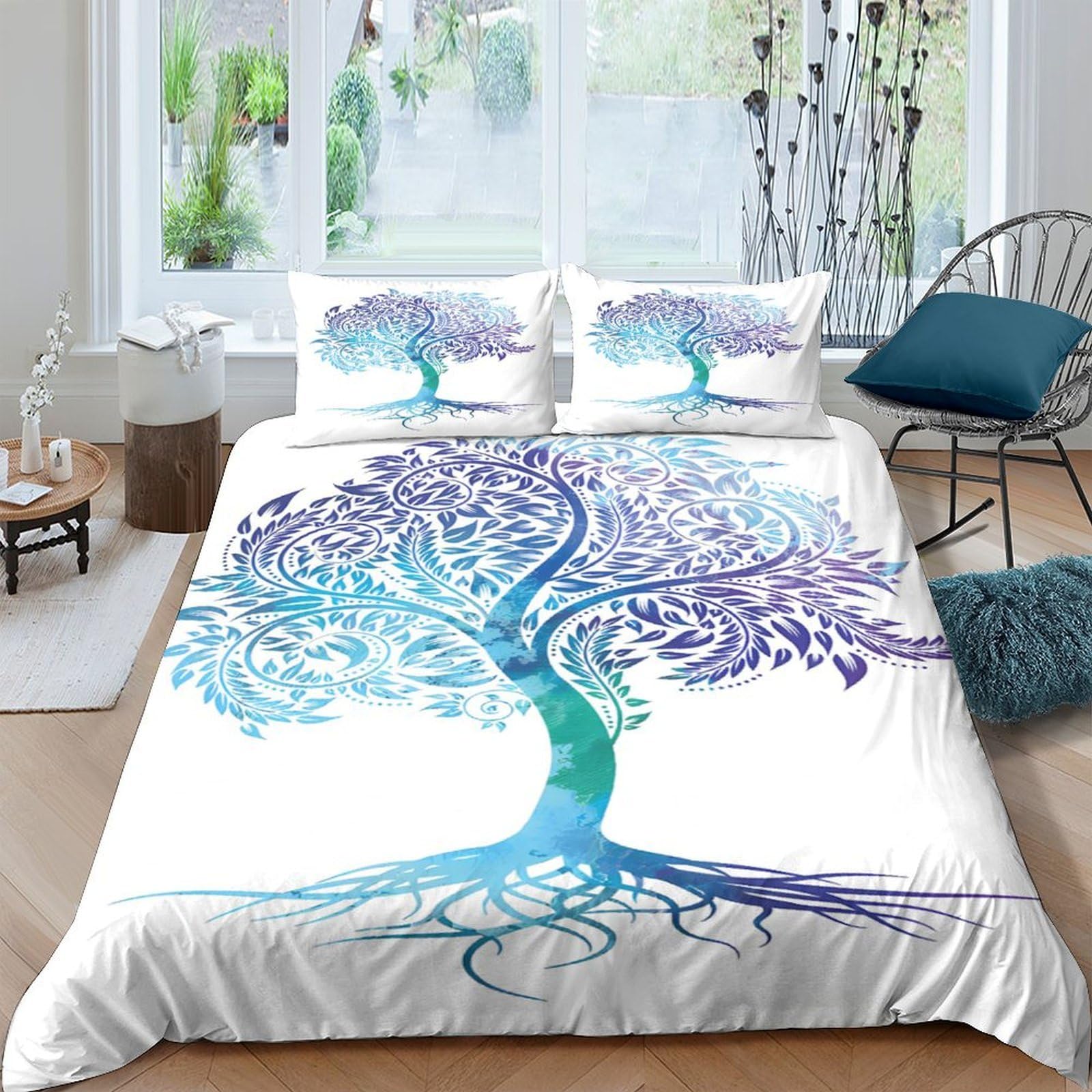 P5V6M1Q9 3D Printed Tree of Life Duvet Cover Microfiber Soft Breathable Watercolor Forest Bedding Set with 2 Pillowcases for Bedroom Decor Single（135x200cm）