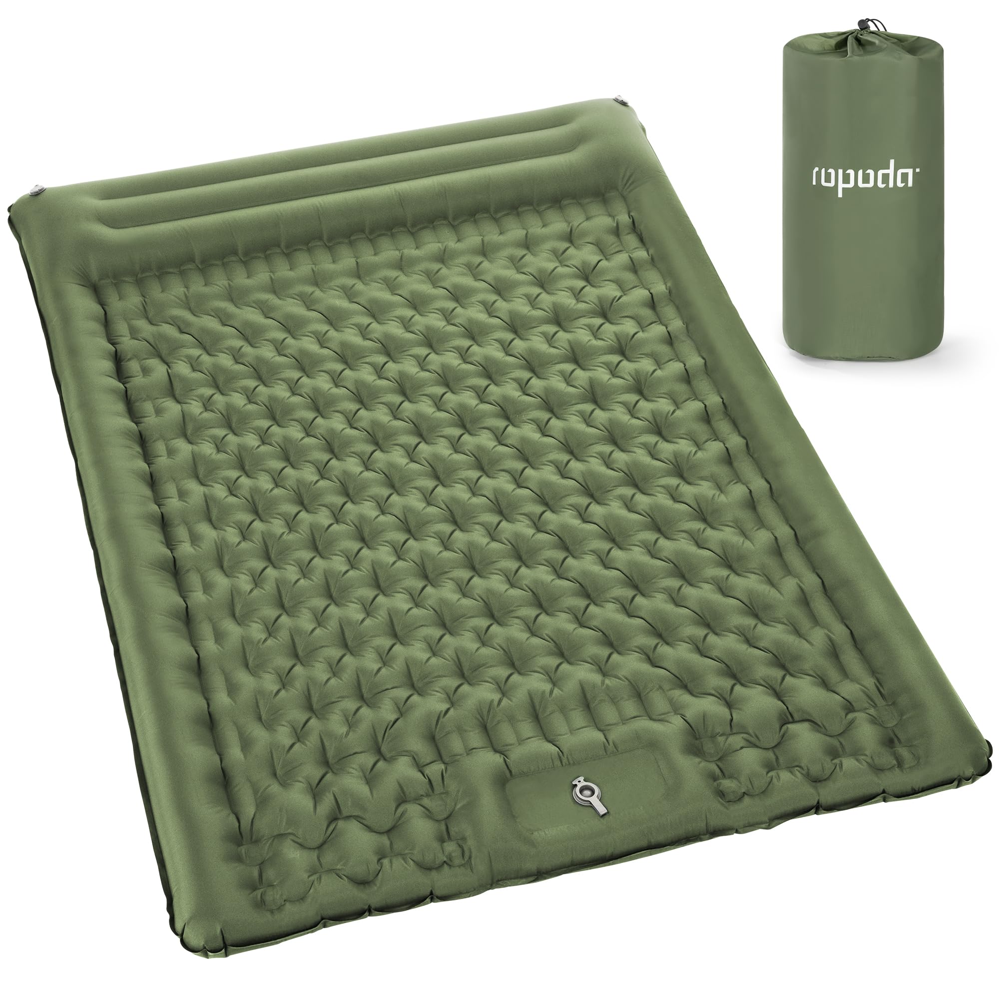 ROPODA Double Inflatable Camping Mattress, Ultralight 2 Person Sleeping Pad with Pillow, Built-in Foot Pump, Waterproof Camping Bed Double with Carry Bag for Hiking, Backpacking, Traveling(Green)