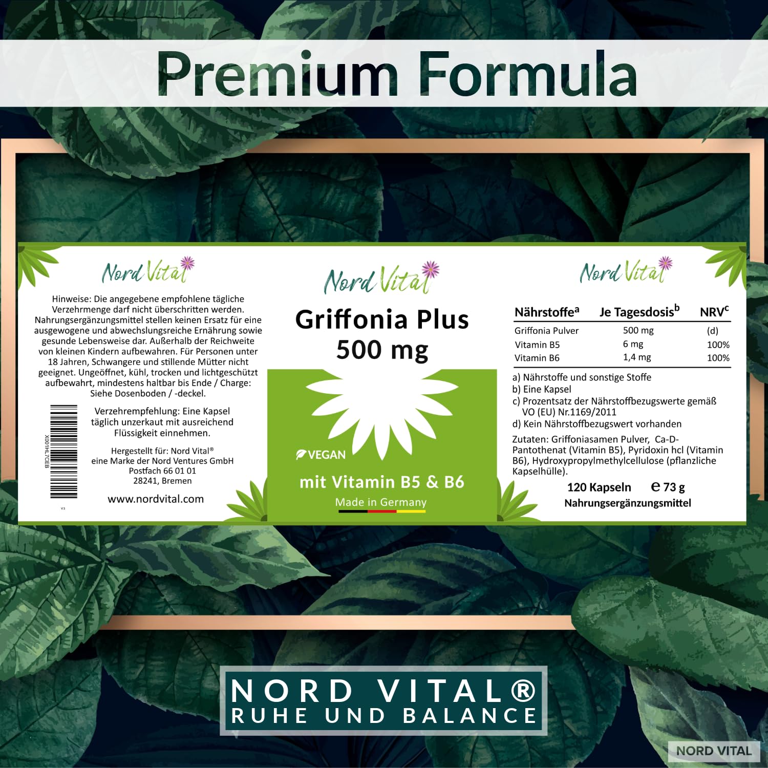 Griffonia Plus für Nerven und Psyche - 500 mg Griffoniasamen mit natürlichem 5-HTP - Vitamine B5 und B6 - deutsche Produktion - Vegan