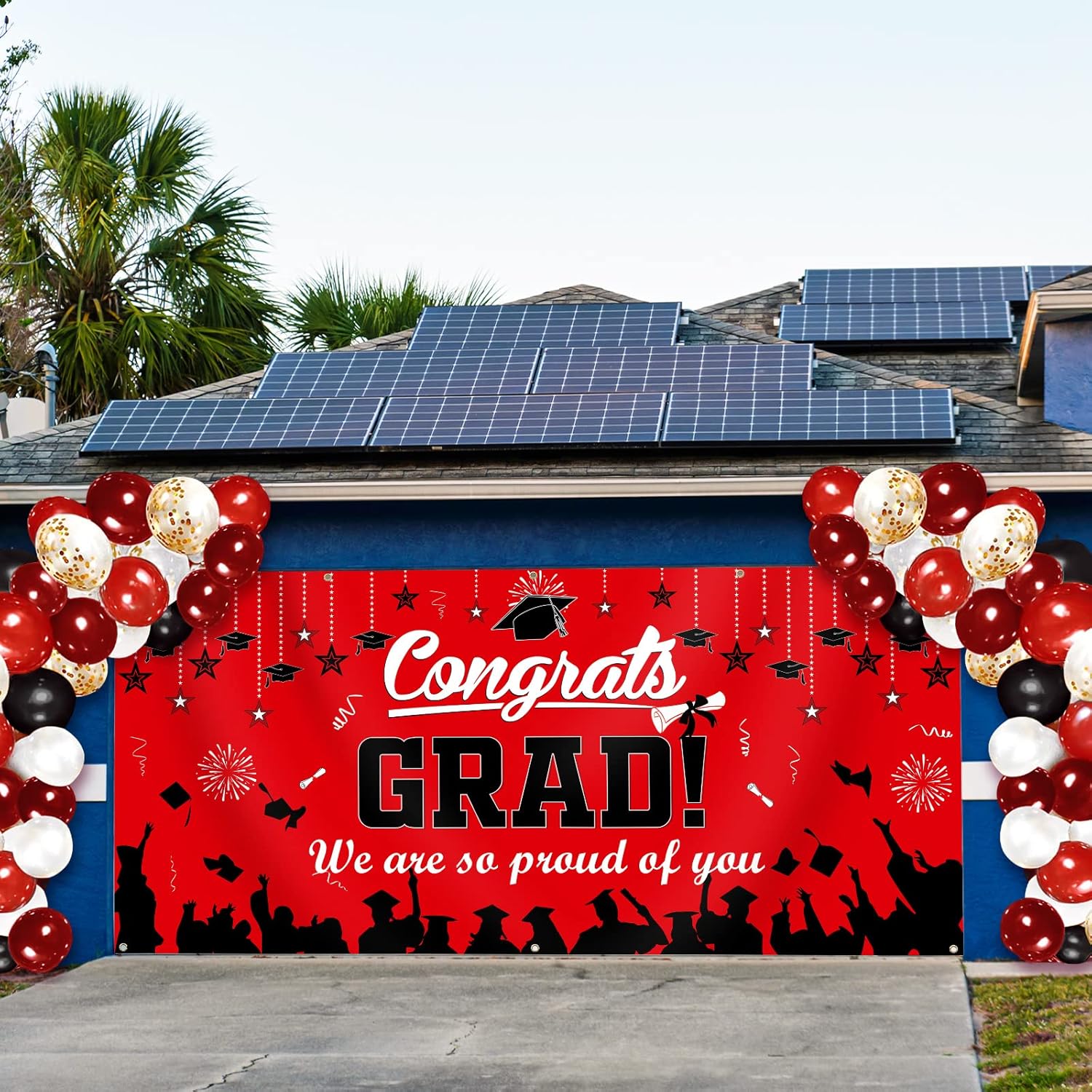 2026 Large Congrats Grad Garage Door Decorations 6 x 13 ft Graduation Garage Door Cover Banner Grad Backdrop Background for Wall Indoor Outdoor Photo Graduation Party Decors(Red Black)
