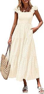 Womens Summer Square Neck Maxi Dresses Cap Sleeve Eyelet Smocked Tiered A Line Flowy Long Dress with Pockets - Buy now