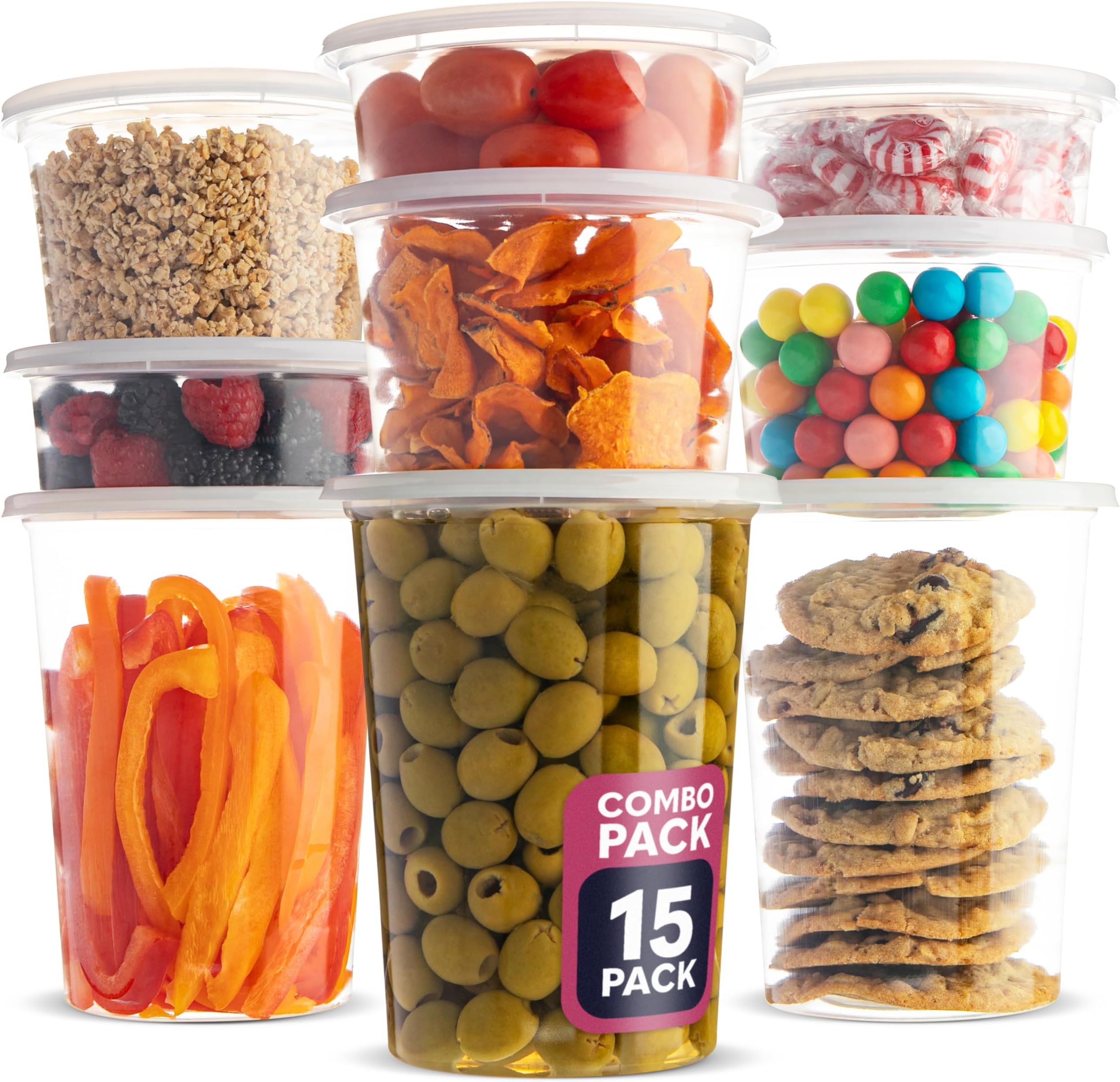 Plastic Food Containers - 15 Pack Combo (3 Sizes) - Airtight Lids - Microwave & Dishwasher Safe BPA-Free