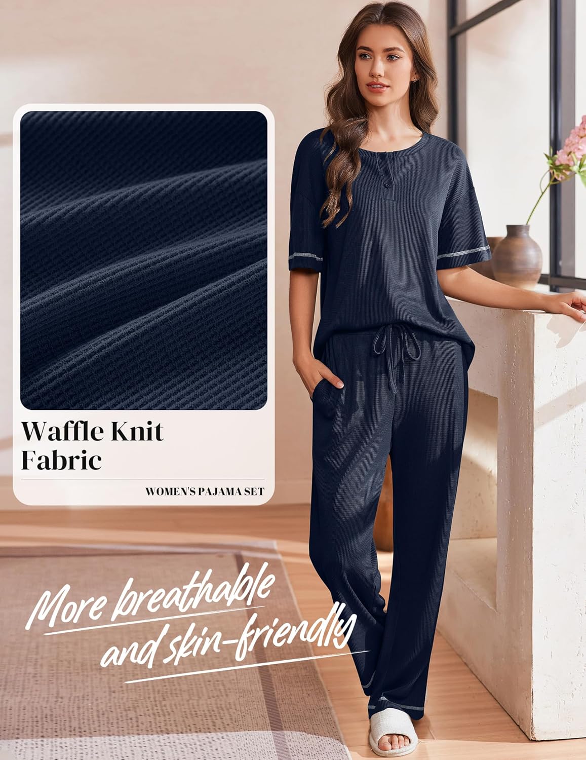 Ekouaer Lounge Sets for Women Waffle Knit Womens Pajama Sets 2 Piece Pjs Sets with Pockets Short Sleeve Top Long Pant - Image 2