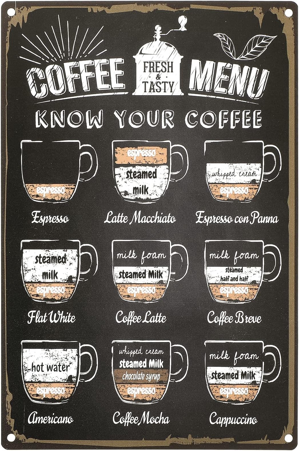 Vintage Metal Tin Coffee Sign - Know Your Coffee Menu, 12x8 Inch Retro Wall Decor Accessories for Bar & Kitchen, Farmhouse Style - Black