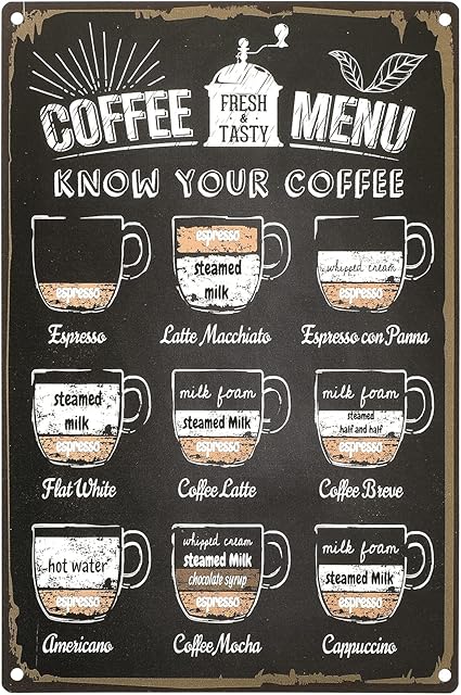 Ripeng Coffee Menu Sign 12 x 8 Inch Coffee Sign Vintage Coffee Bar Decor Metal Know Your Coffee Tin Sign Coffee Menu Wall Decor Coffee Bar Accessories for Kitchen Wall Home Farmhouse Shelf, BLACK