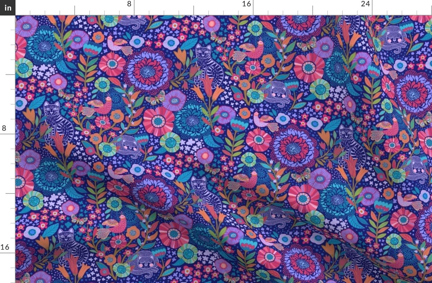 Spoonflower Fabric - Flowers Blue Garden Cats Folk 500Th Printed on Organic Cotton Sateen Fabric by The Yard - Sewing Quilting Apparel Home Decor