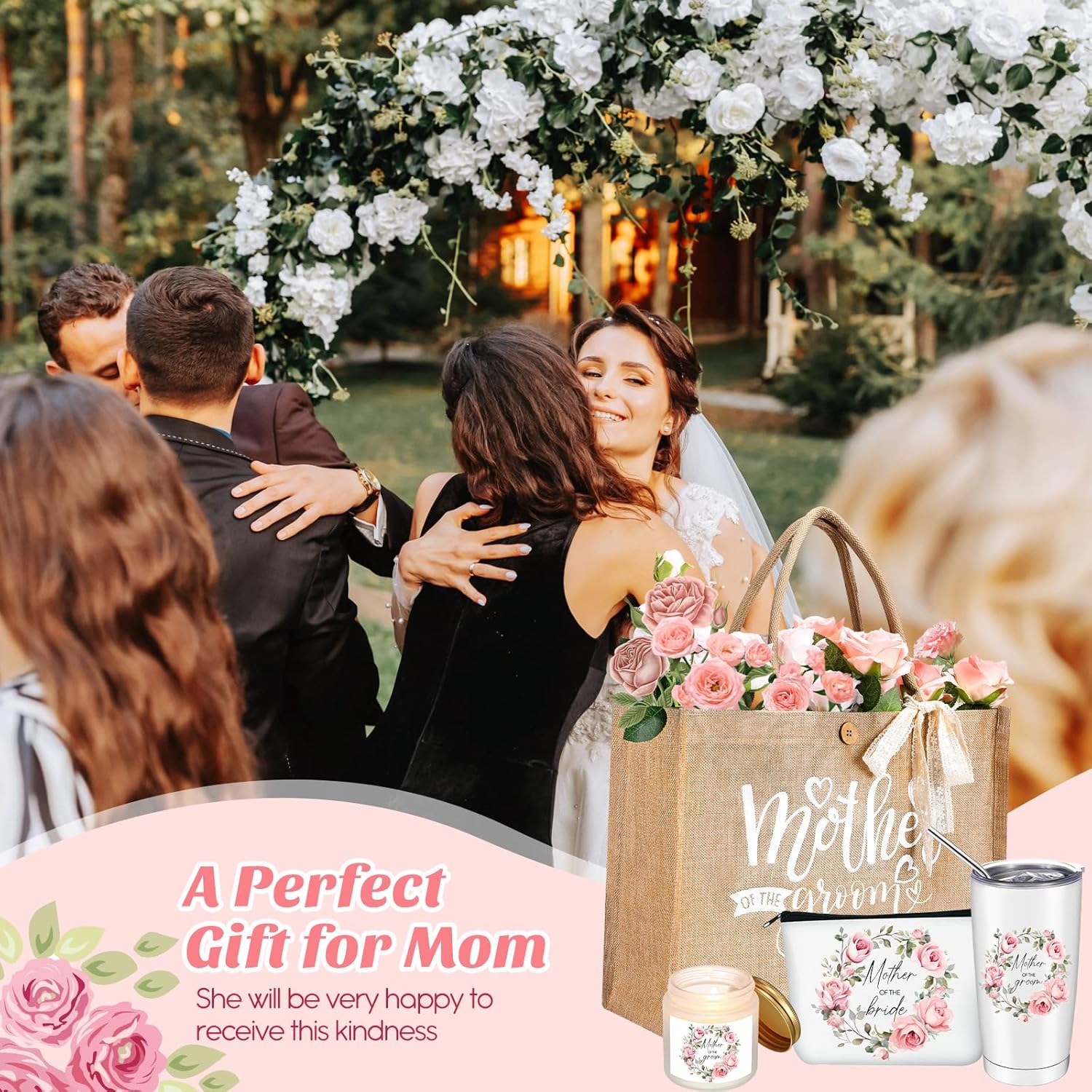 Hushee 2 Sets Mother of The Bride and Mother of The Groom Gifts Set Includes 20 oz Tumblers Canvas Tote Bags Cosmetic Bag Handkerchief Candle for Mom Bridal Shower Wedding Gifts