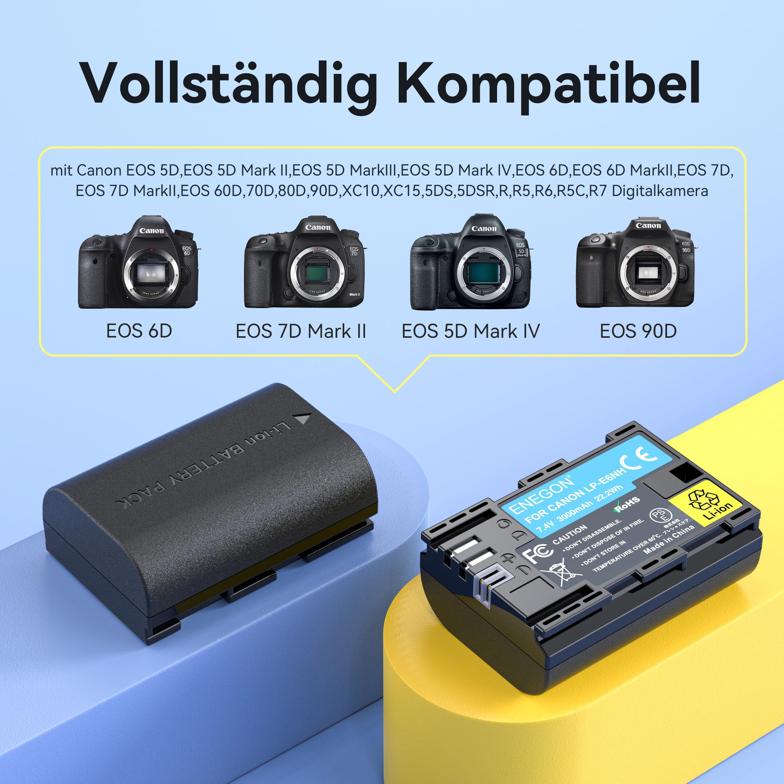 ENEGON LP-E6NH 20W Dual-Akku-Speicher-Schnellladegerät-Set (2X 3000mAh) kompatibel mit Canon EOS 5D, 6D,7D, 60D, 70D, 80D, 90D, XC10, XC15, R, R5, R6, R7, LCD-Anzeige