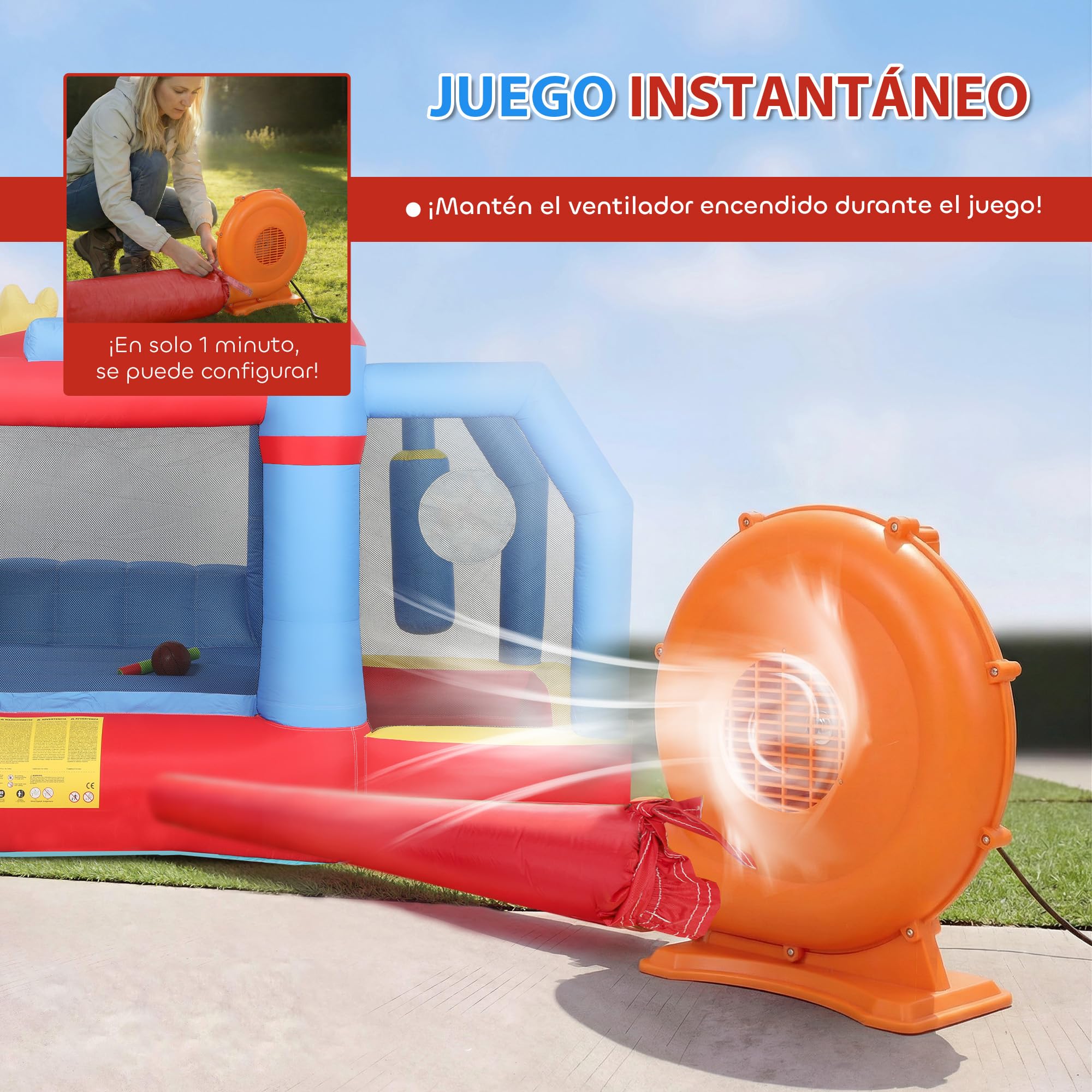 AIYAPLAY Castillo Hinchable para Niños con Soplador, Castillo Hinchable con Tobogán, Zona de Salto, Piscina, Pilar de Boxeo y Aro de Baloncesto, para Niños 3-8 Años, Interior, Exterior, 277x270x215 cm