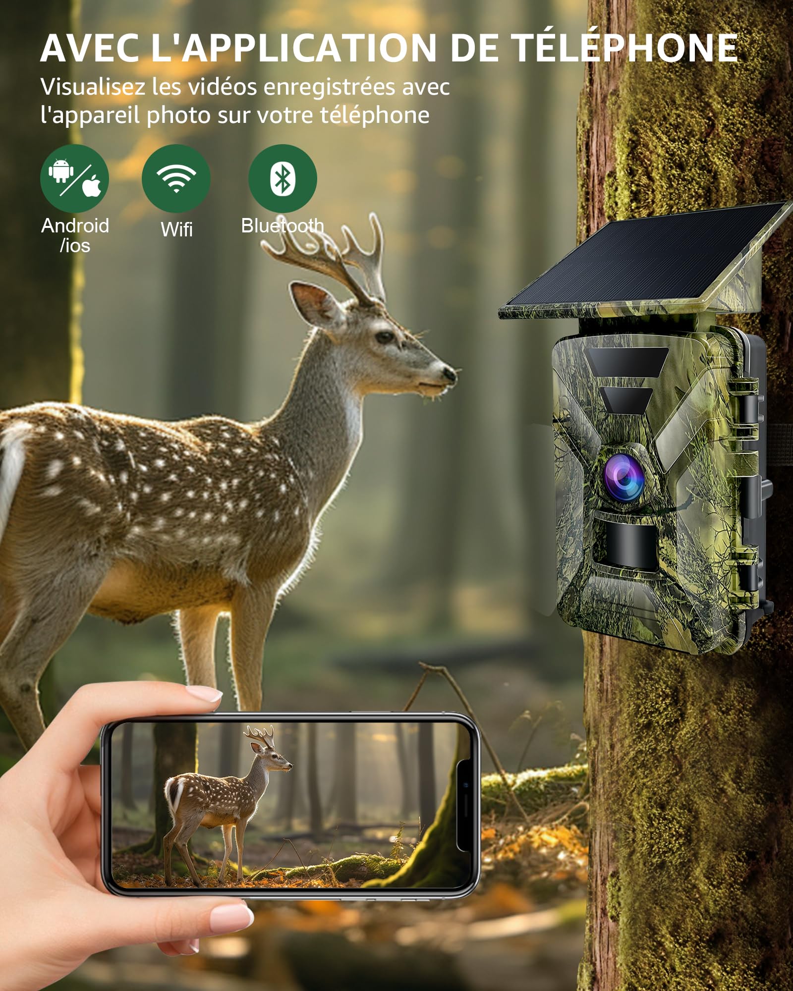 HAZA Caméra de Chasse Solaire Wi-Fi 4K HD, 5000mAh Batterie Rechargeable, Détecteur de Mouvement, Vision Nocturne Animaux avec Carte SD 32G
